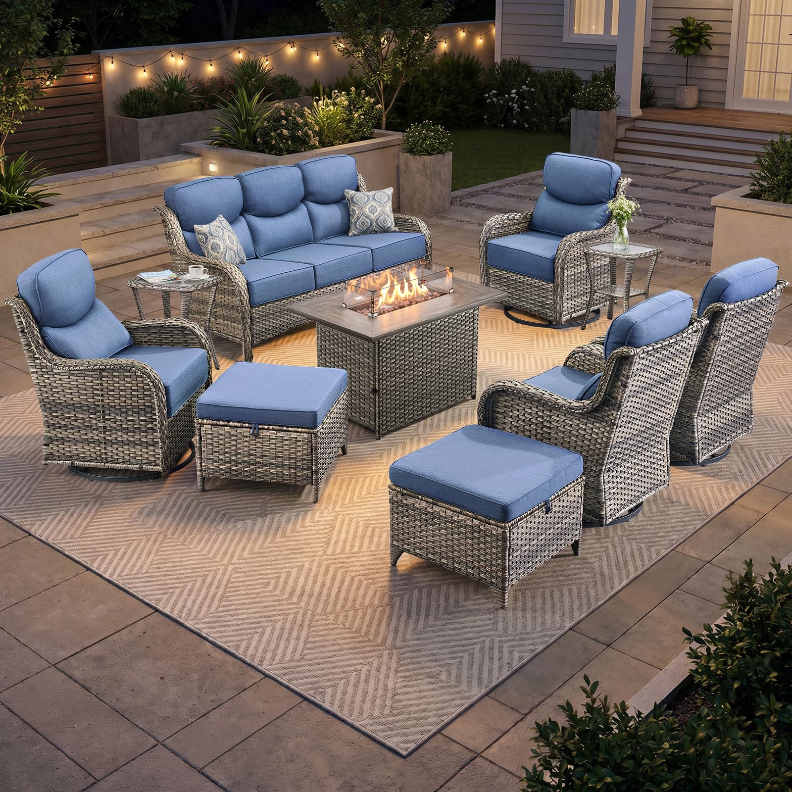 Luxury Patio Furniture Set 10pcs with 6-inch Cushion, Outdoor Furniture with Fire Pit Table, Swivel Chairs, Sofa, Side Table, Ottomans, Patio Set for Deck Yard Grey Wicker | Blue Cushions