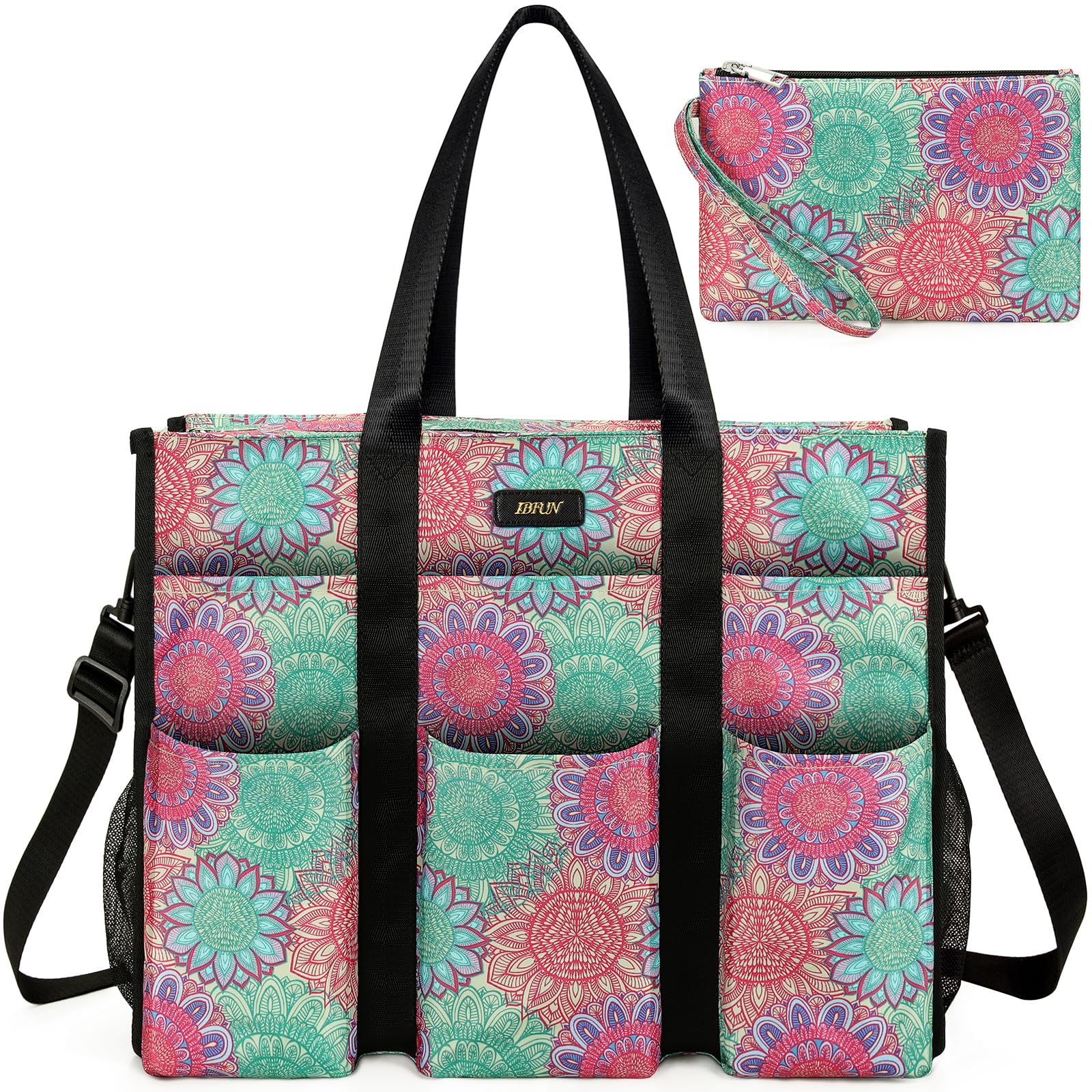 IBFUN Utility Tote Bag with 24 Pockets, Large Teacher Travel Tote for Women | Large Work Tote Bag 2pcs with Zipper for Travel Daily School Teacher Nurse, Large Lightweight Laptop Shoulder Bag Handbag