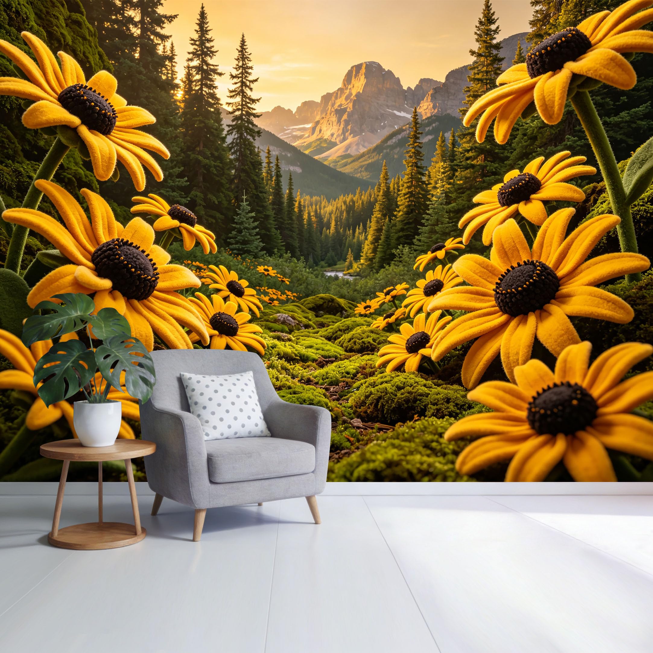 Custom Size Wall Mural Mountain Landscape Yellow Wildflowers Forest Sunset Botanical Nature Scene SelfAdhesive Wall Fabric Removable Wallpaper for Home Office Decor
