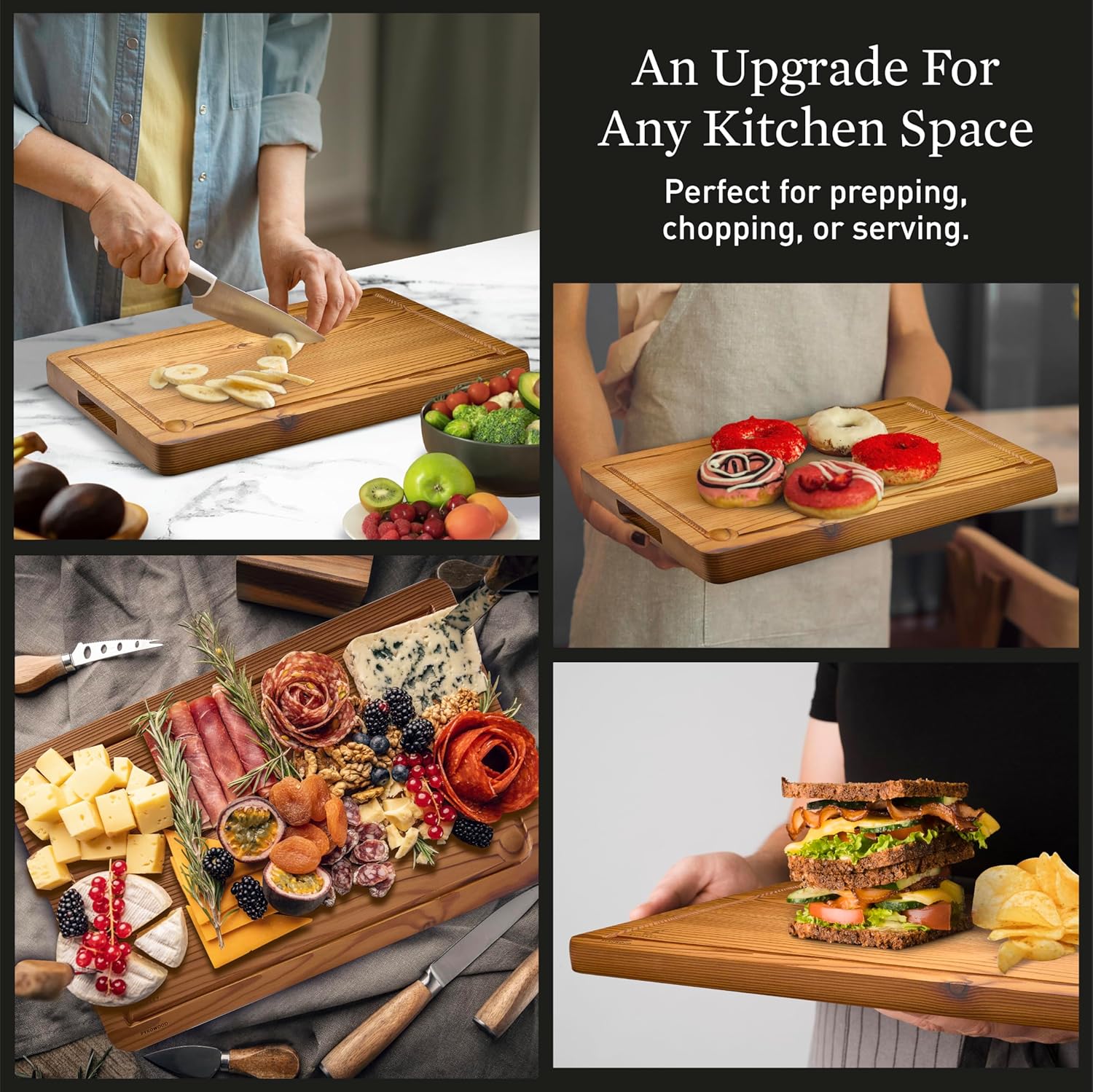 Cutting Board for Kitchen – Wood Cutting Board, Dishwasher Safe & Non Toxic Butcher Block, Cutting Boards with Juice Groove & Handles, Charcuterie Board – 11" x 17" x 1.75" (Pyrowood) - Image 3