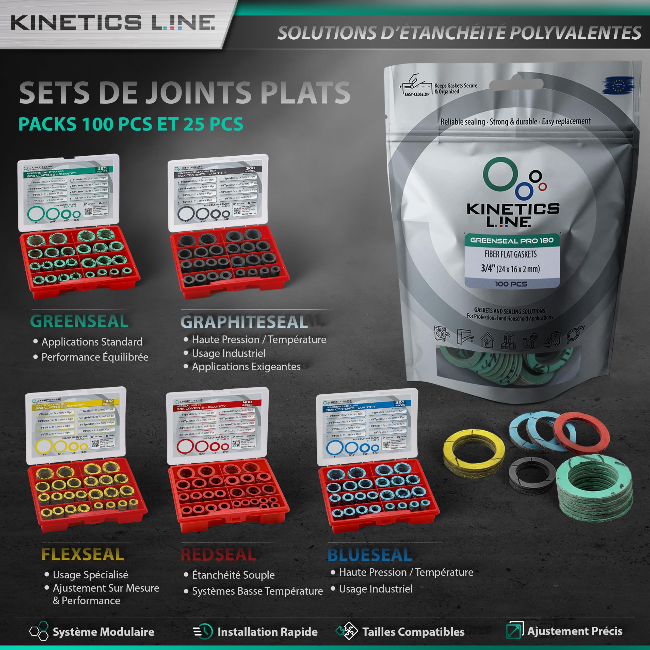 Boîte de Joints avec 320 Joints Plats en Fibre 3/8–1 Pouce – Assortiment de Joints pour Sanitaire, Chauffage et Climatisation – Jusqu’à 180 °C