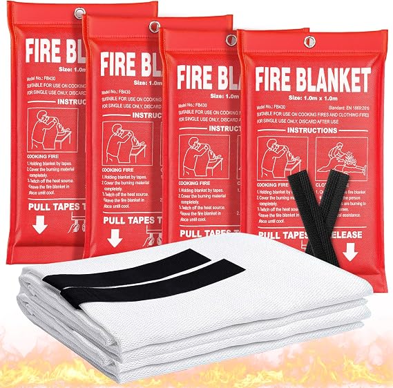 Fire Blanket 4 Pack - 40 x 40 Prepared Emergency Fire Blanket | For Home and Kitchen, RV, Grill, Fireplace, Safe & Easy for Young Adults and Elderly Living Alone | Fiberglass CE Certified