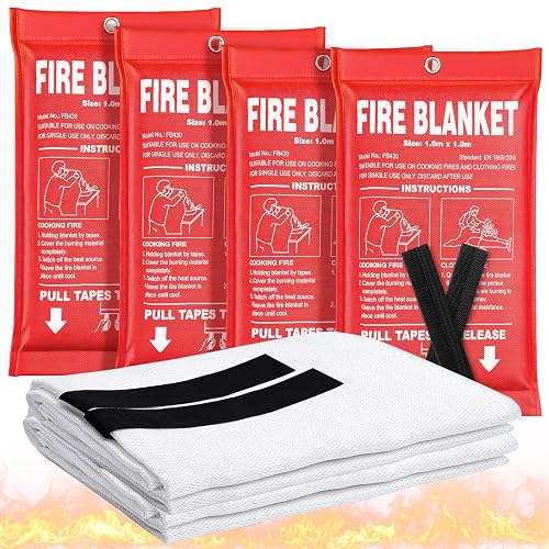 Andyssey Fire Blanket 4 Pack - 40" x 40" Prepared Emergency Fire Blanket | For Home and Kitchen, RV, Grill, Fireplace, Safe & Easy for Young Adults and Elderly Living Alone | Fiberglass CE Certified