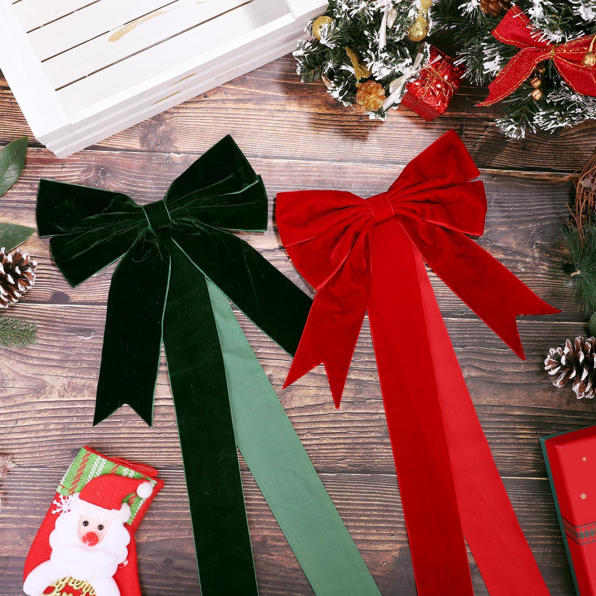 Aneco Confezione da 6 fiocchi e fiocchi natalizi per porte, grandi fiocchi natalizi in velluto per porte, armadietti, mobili, decorazioni per feste di Natale, rosso e verde