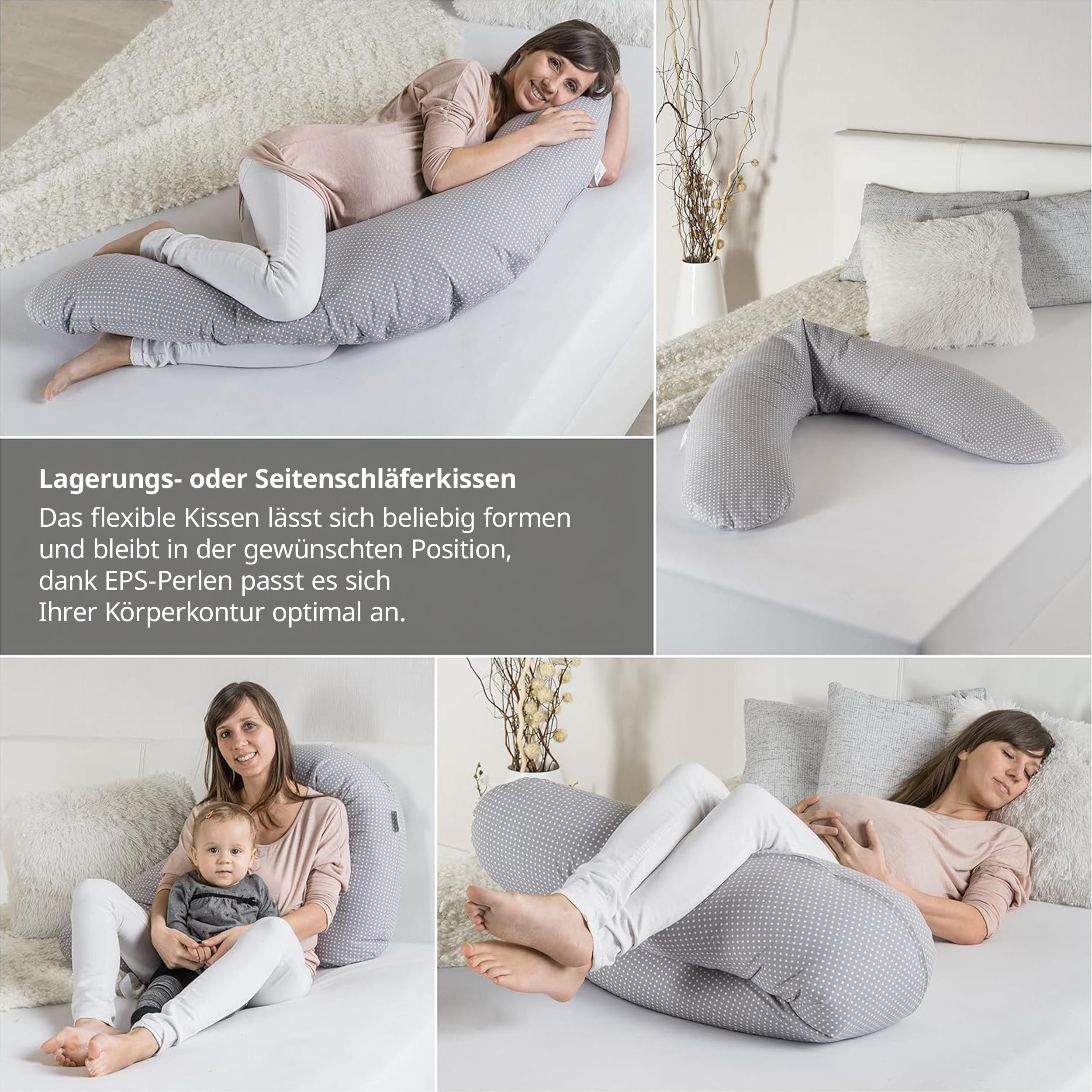 Theraline Stillkissen & Schwangerschaftskissen Dodo Pillow Premium - 180 cm inkl. Bezug aus Baumwolle - Leise und feine Perlen, schadstoffgeprüft, maschinenwaschbar - Punkte Grau
