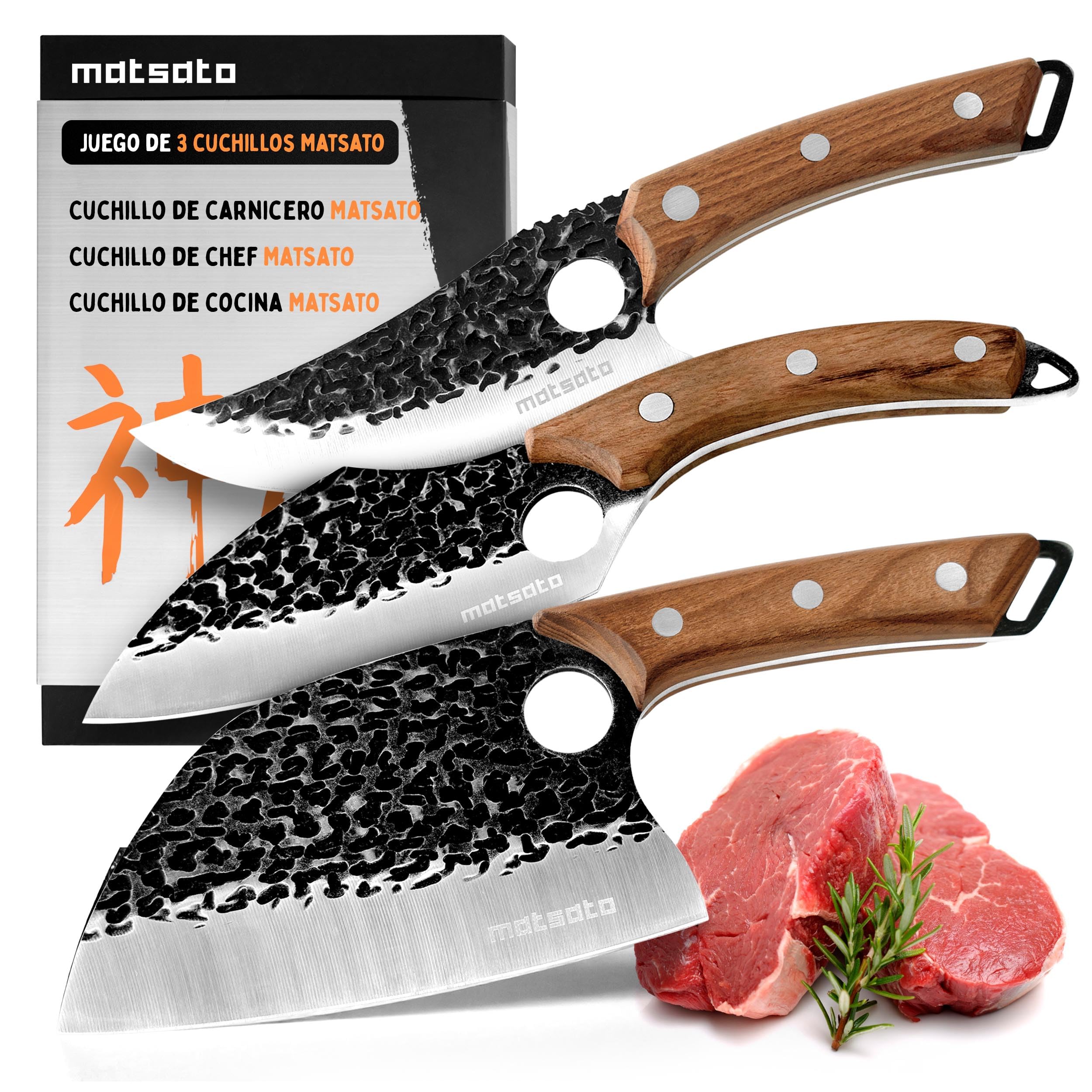 Matsato Juego 3 Cuchillos de Cocina Profesionales Mango Madera | Cuchillo chef, cuchillo para carne y cuchillo universal. Mango ergonómico de madera.