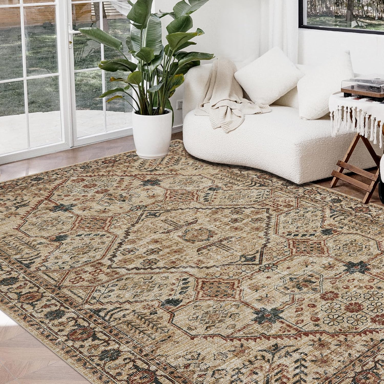 Joydeco 9x12 Area Rugs for Living Room, Non Slip Machine Washable Vintage Rug, Low Pile Chenille Print Rugs for Bedroom, Dining Room, Home Office, Pet & Child Friendly, Tan