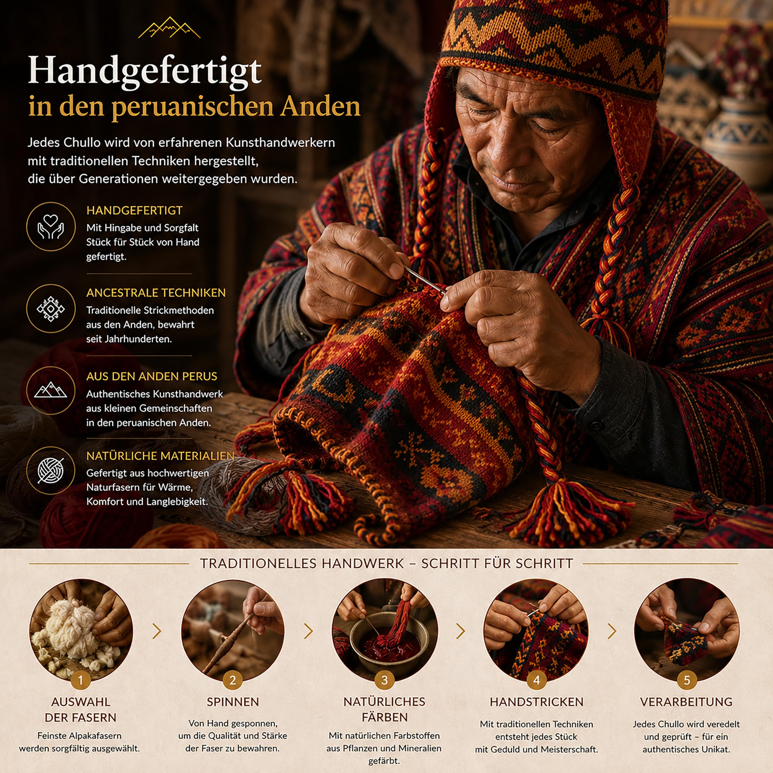 Alpaka Wollmütze Herren Damen – Warme Wintermütze aus Baby Alpaka – Handgemachte Ethno Strickmütze im Peru Stil mit Ohrenschutz für Outdoor, Ski, Reisen & kalte Wintertage – Weich & Atmungsaktiv