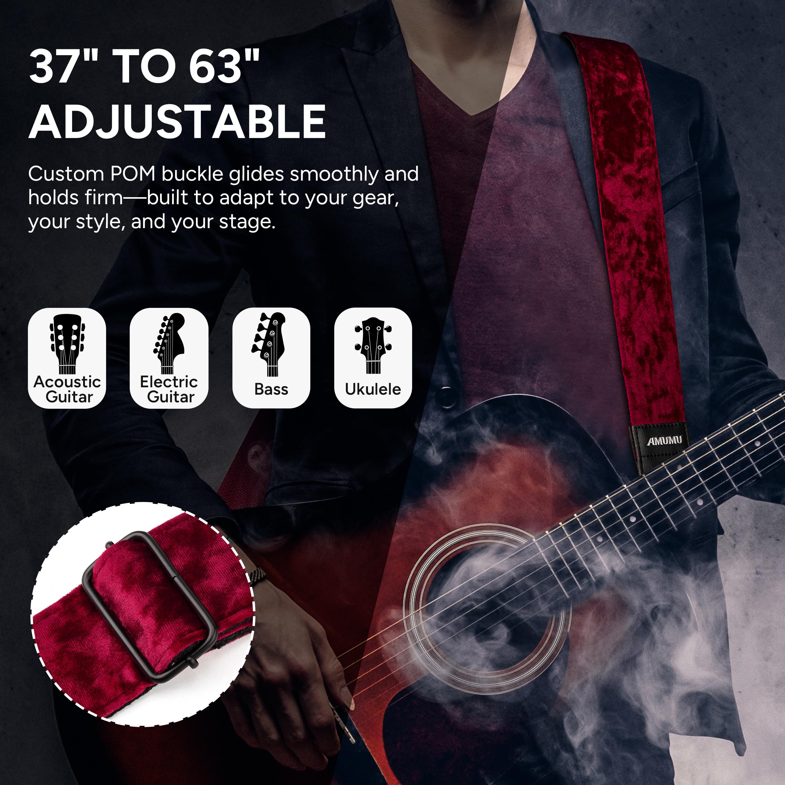 Amumu Sangle de guitare en velours floqué avec extrémités en cuir microfibre – Accessoires de guitare – Convient aux guitares acoustiques, basses, électriques