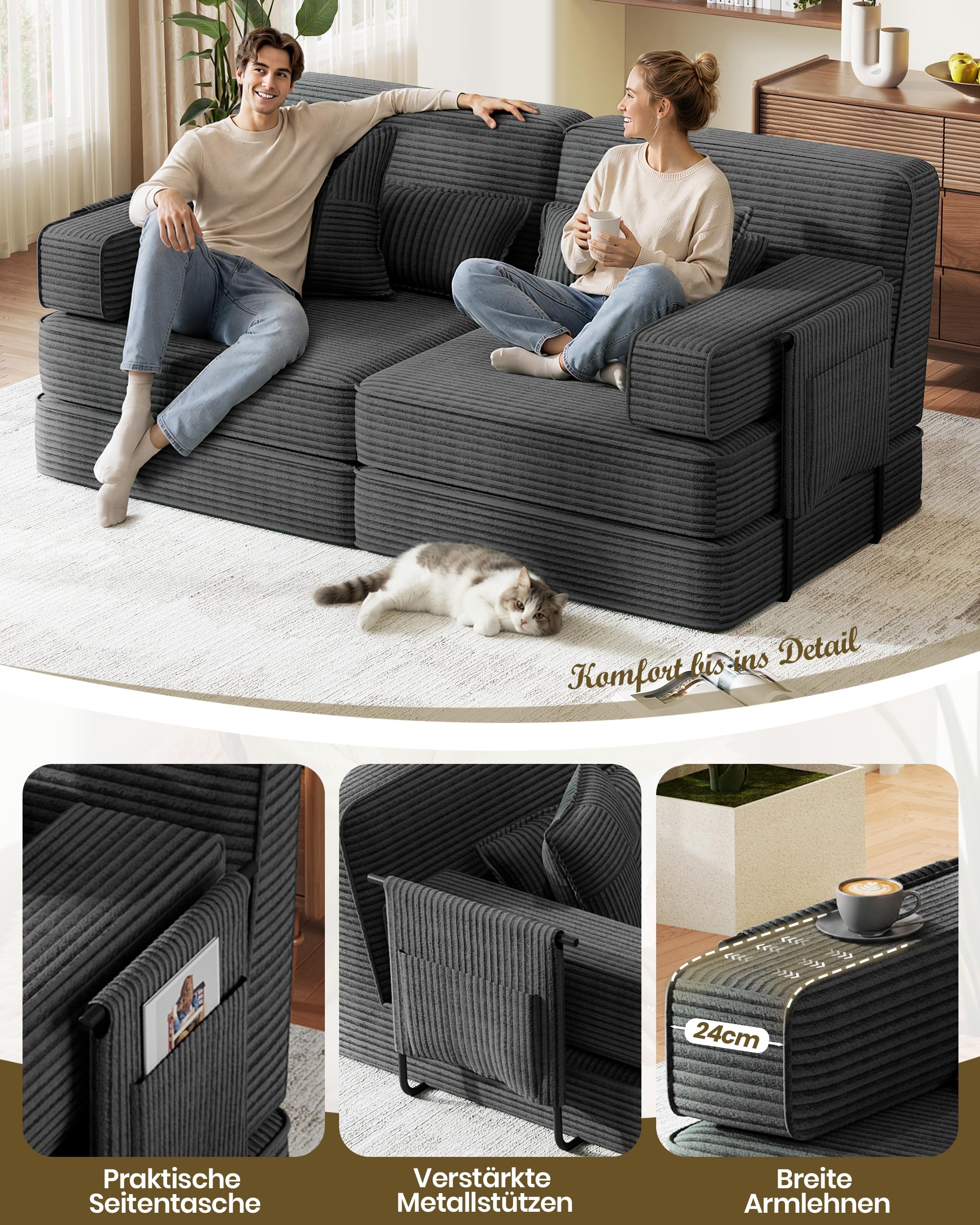 Schlafsofa 190 cm Breit, Modulares Bodensofa, Boneless Couch mit Hoher Rückenlehne, 2-Sitzer Vollschaum Sofa aus Cord, 5-in-1 Klappsofa mit Schlaffunktion zum Gästebett, Grau
