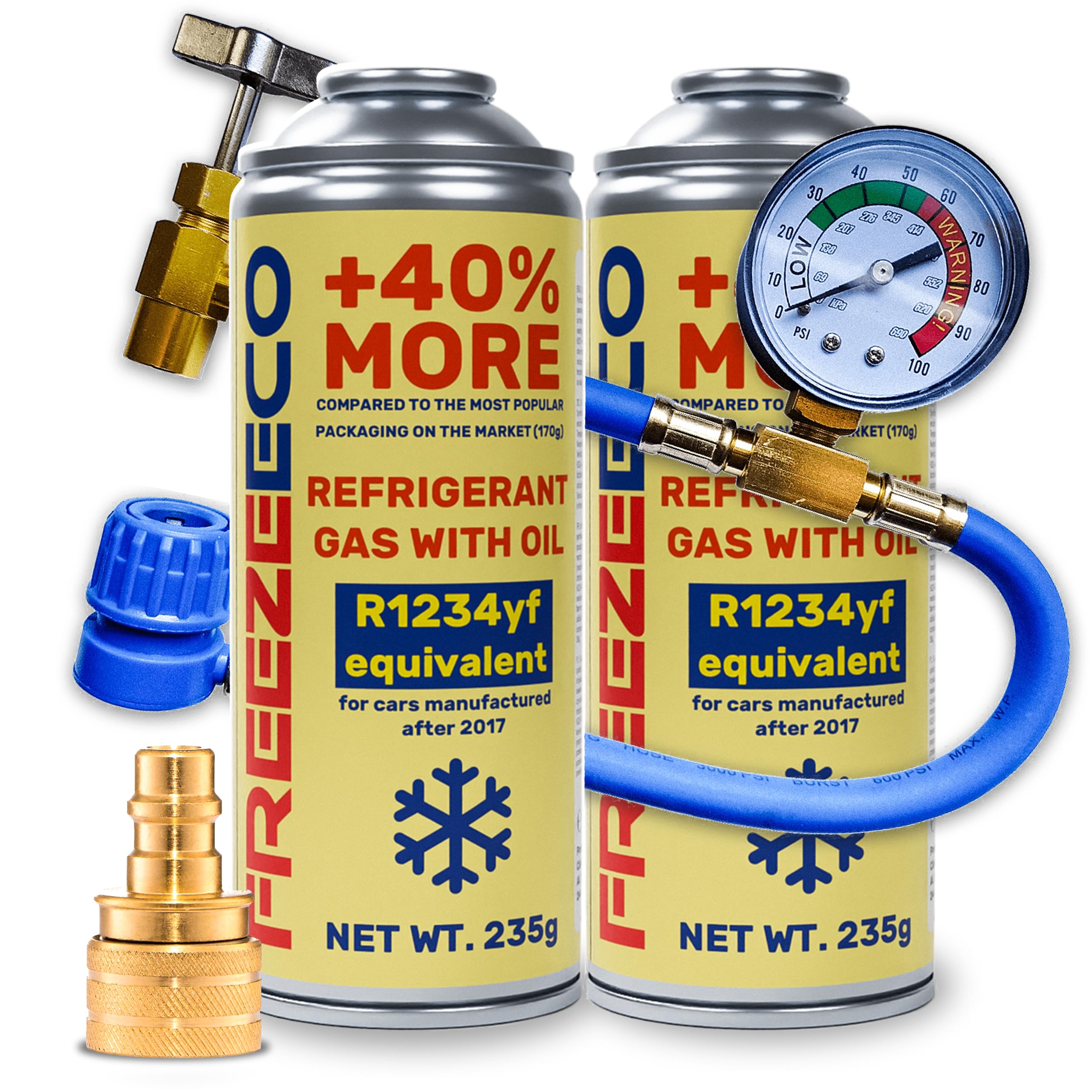 Kit Recarga Aire Acondicionado Coche R1234yf - 2 Latas de Gas Refrigerante con Aceite 235g - Incluye Manguera con Manómetro y Adaptador YF - Modelos desde 2017