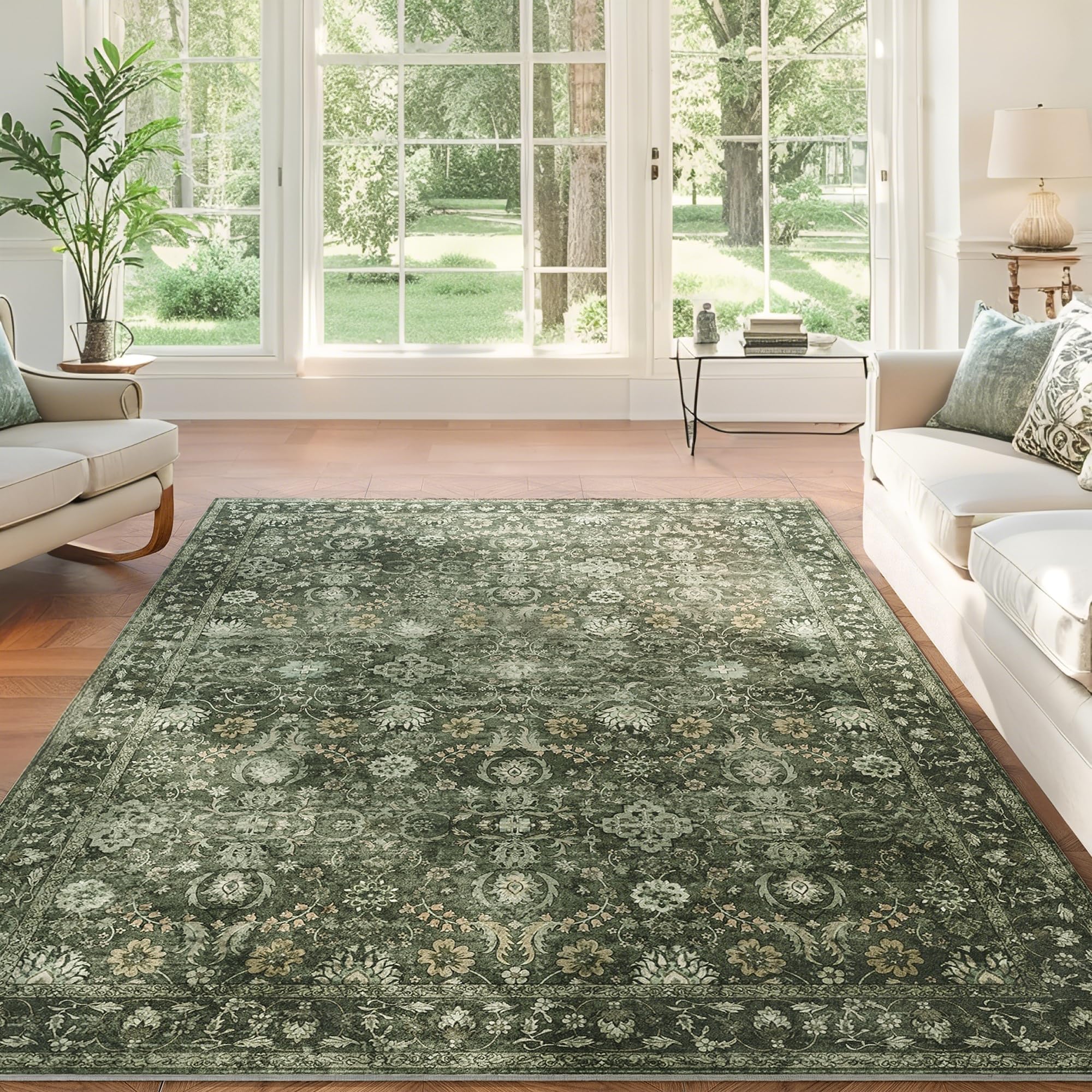 Photo 1 of ARKIIKI 9x12 Area Rug for Living Room, Soft Large Rugs Green Washable Carpet, Indoor Vintage Rugs for Bedroom Dining Room Office, Rubber Backed Non Slip Low Pile Mat, Dark Olive Green