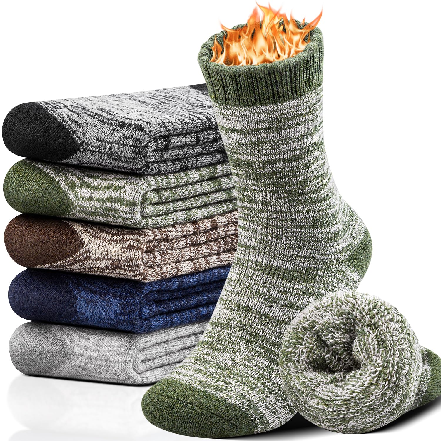 5 Pairs Thick Wool Socks Mens, Warm Winter Fuzzy Socks,Soft Wool Hiking Socks Men Moisture Wicking Boot Socks