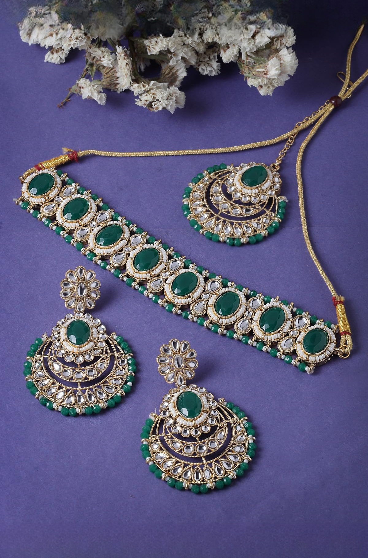 Indian Traditional Gold Plated Stone & Beads Choker Necklace Set With Earring And Maangtika | Jewellery Set For Women