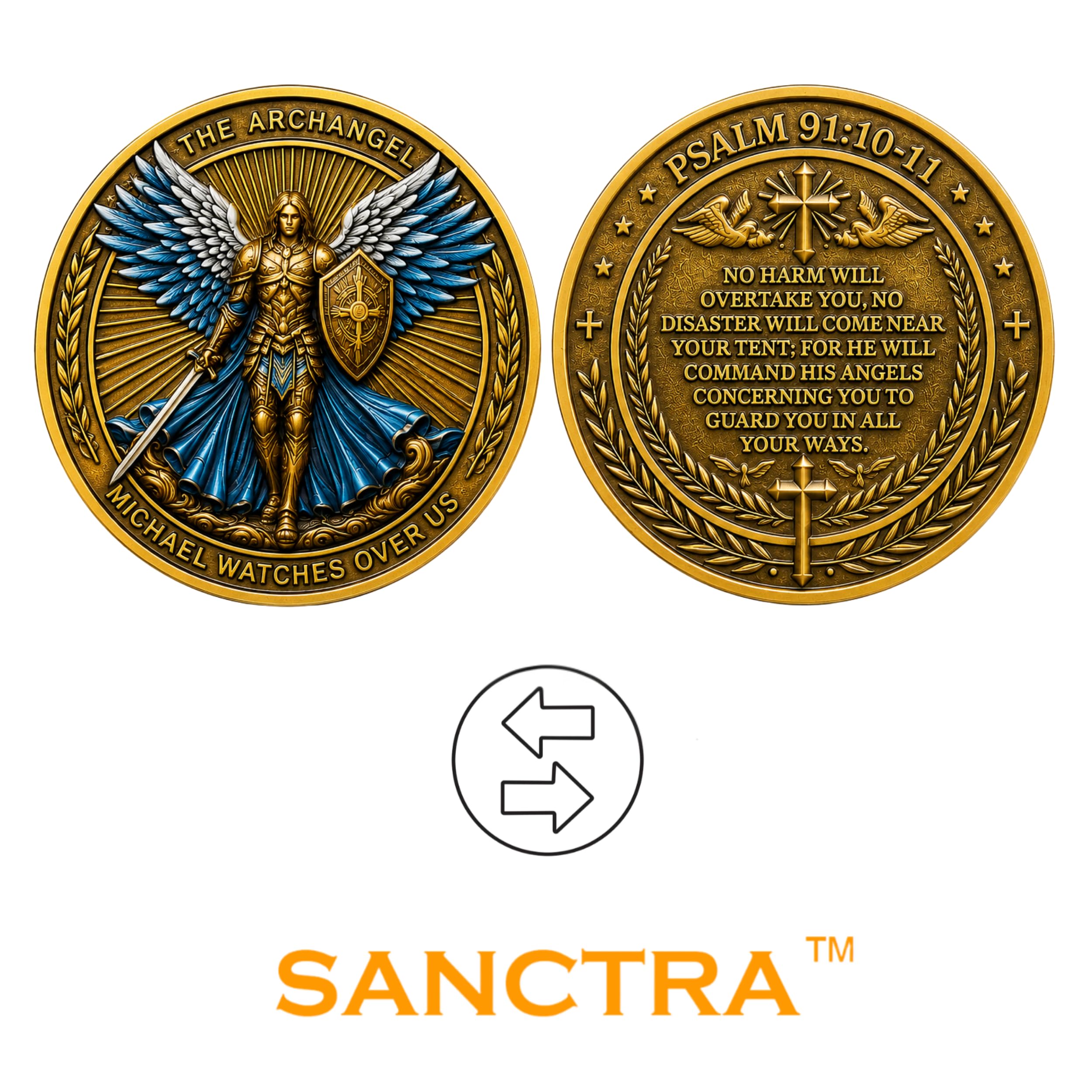 Moneda de desafío del Arcángel Miguel, bendecida en Tierra Santa, Hecha a Mano, Salmo 91:10-11. Colección Religiosa con Estuche Protector. Original con Bolsa de Regalo y Certificado.