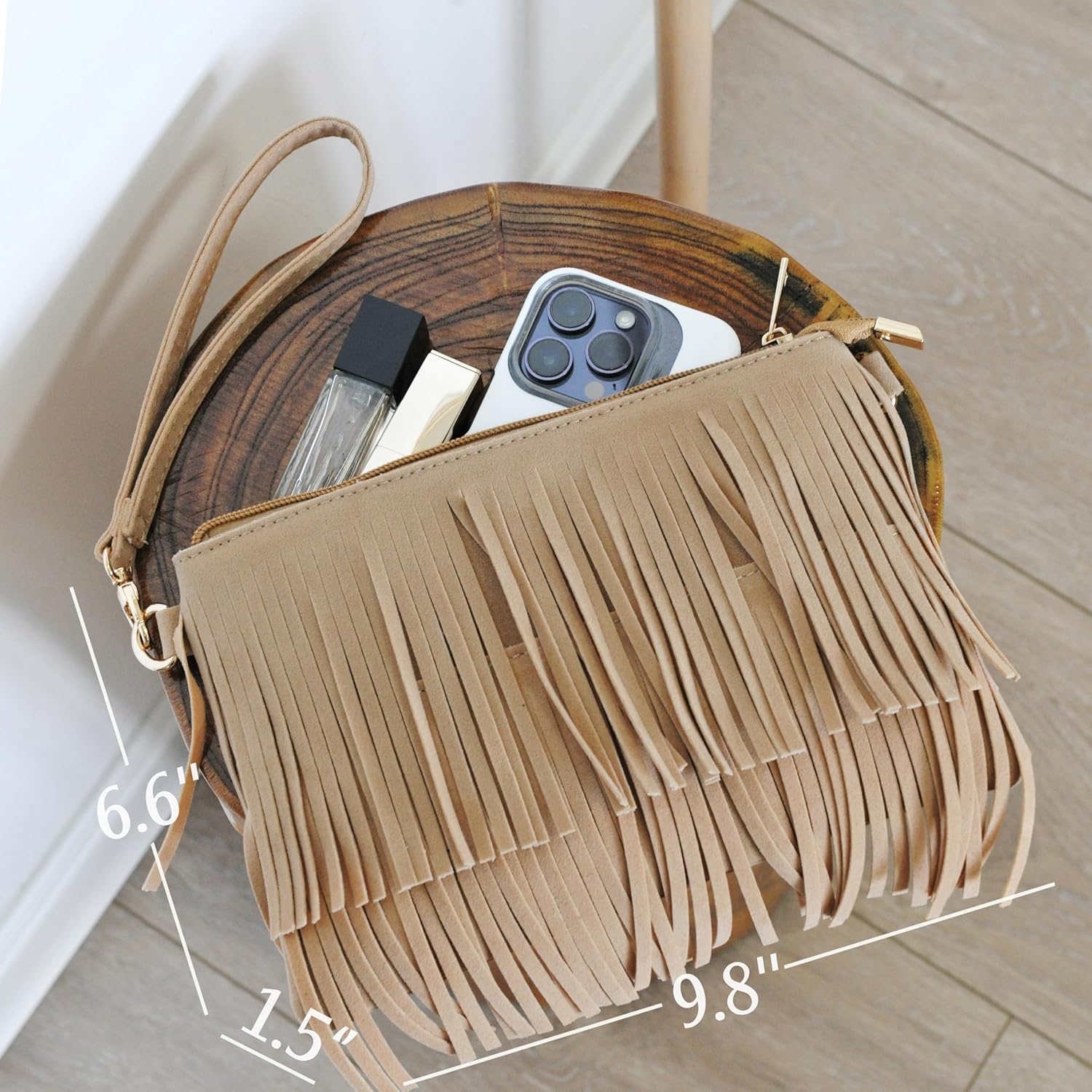 HOXIS Fringe Cross Body Bag Womens Small Shoulder Bag Top Zip Wristlet - Image 2