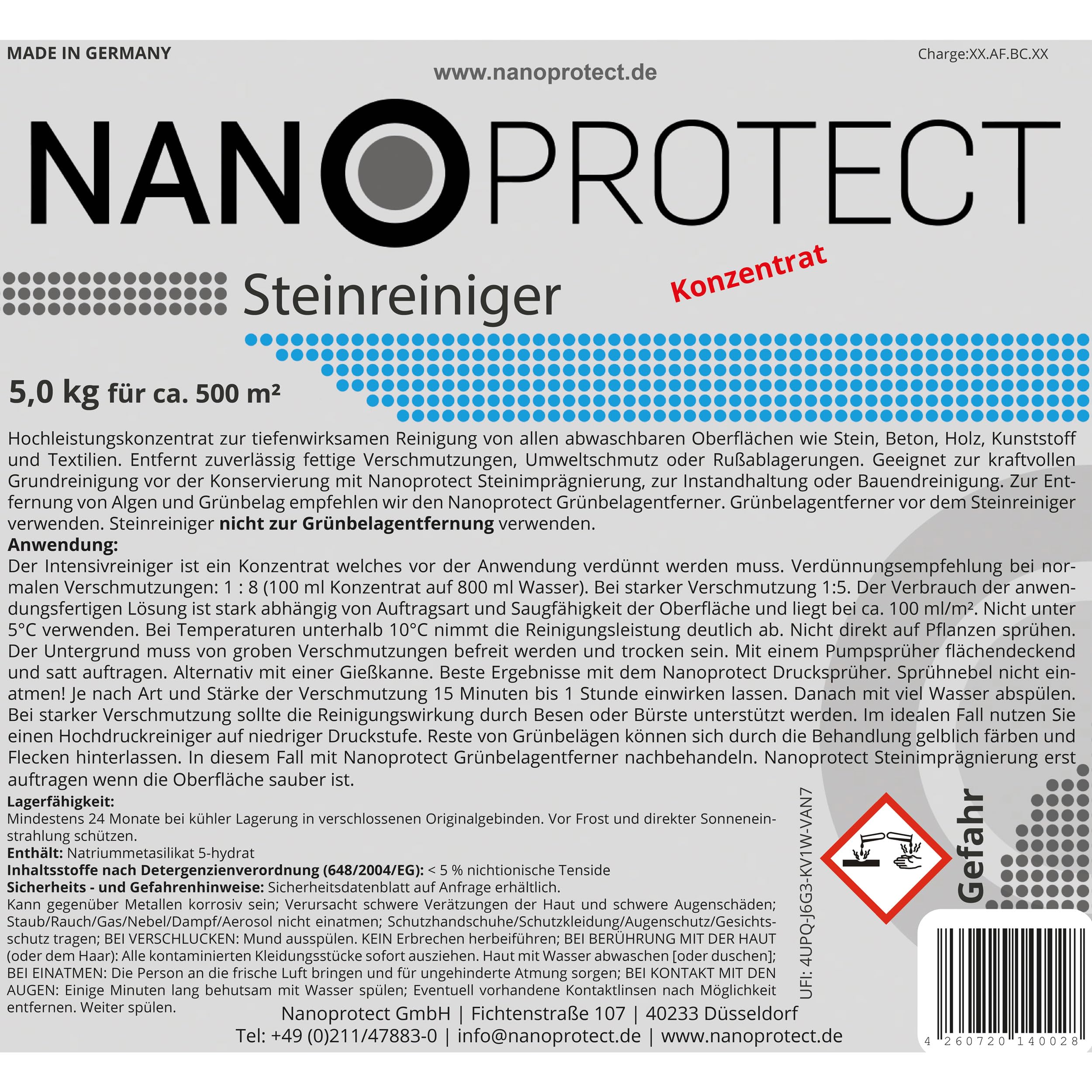 Nanoprotect Steinreiniger Konzentrat | 5 kg inkl. Drucksprüher | Für ca. 500 m² | Intensivreiniger für Außenanlagen | Ideal für Haus, Hof und Garten
