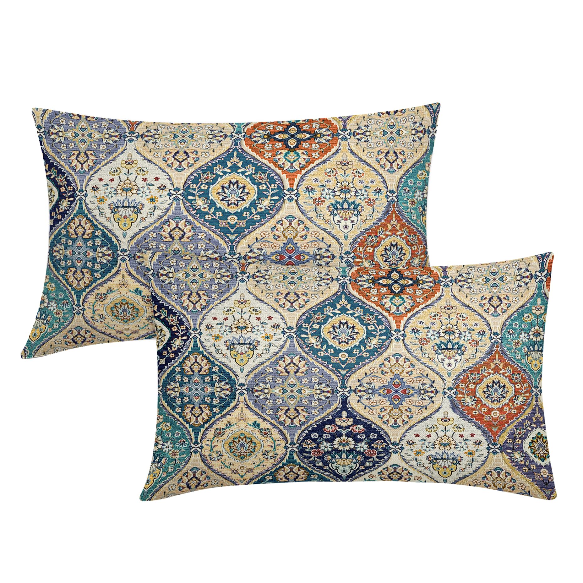 Teal Orange Navy Pink Vintage Bohemian Lumbar Pillow Covers 12X20 Inch Boho Flower Rug Print Oriental Carpet Pillow Cases Set 2 Antique Tapestry Rustic Retro Farmhouse Throw Pillows For Cushion Couch — image 1