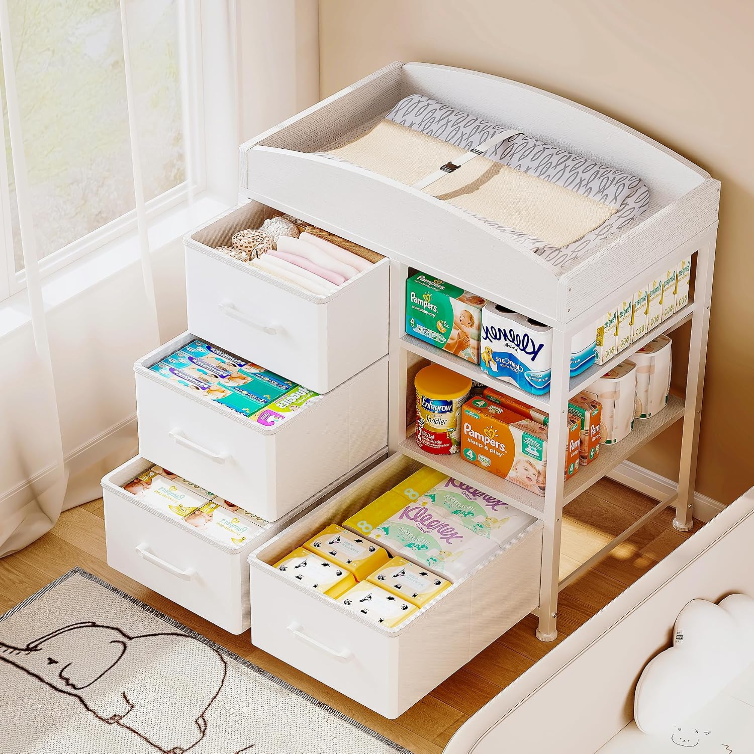 Homeiju Baby Changing Table with 4 Drawers and 2 Shelves – Baby Dresser with Changing Table Top Diaper Changing Station with Storage for Nursery Modern, White
