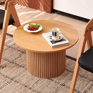 27" Round Coffee Table, Coffee Table for Living Room, Mid Century Modern Wood Coffee Table, Drum Accent Small Center Table, Oak Wood Veneer