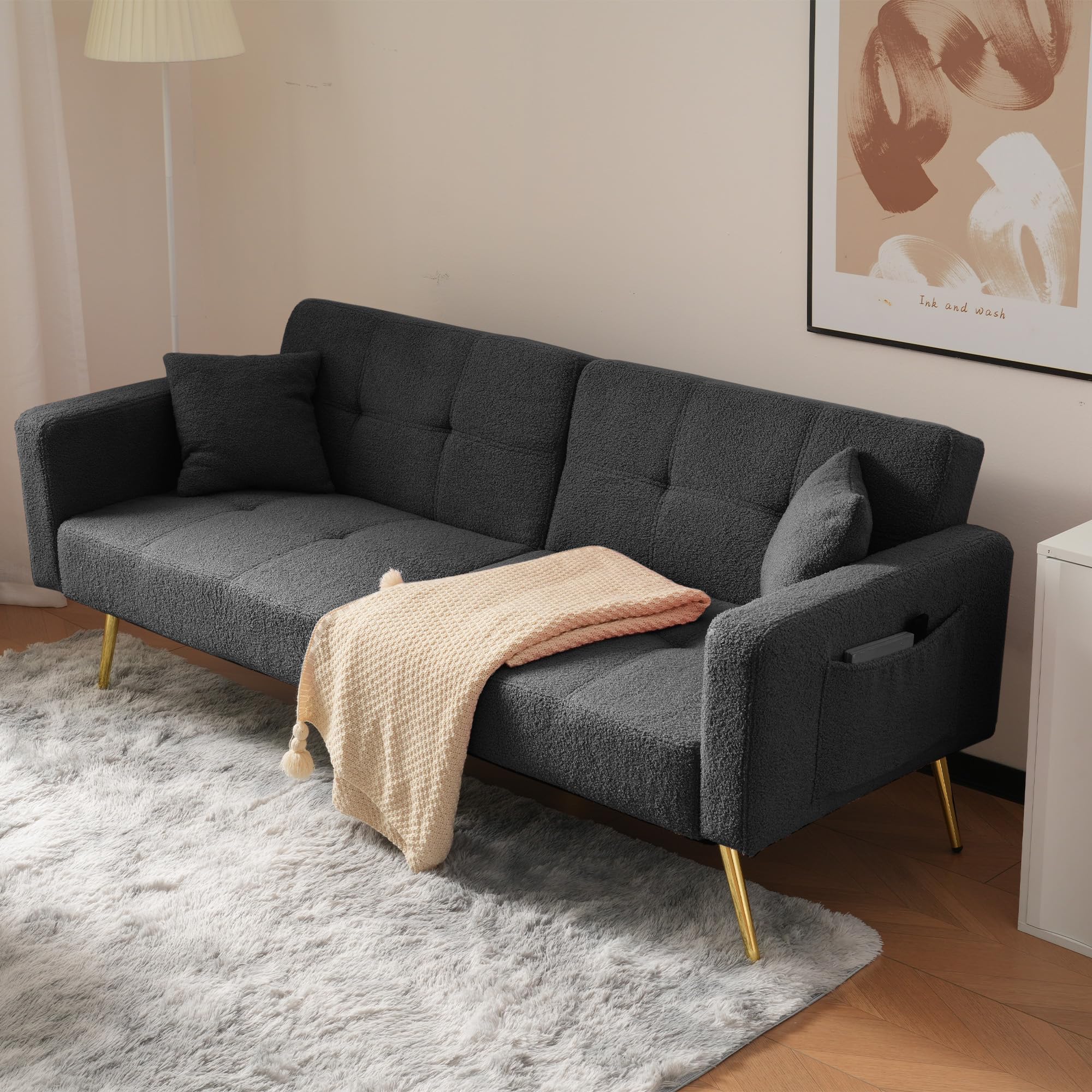 Divano letto a 2 posti, moderno con schienale regolabile, tasche laterali in lana d'agnello, piedini in metallo dorato, carico 90 kg, 175 x 64 x 72 cm (grigio scuro)