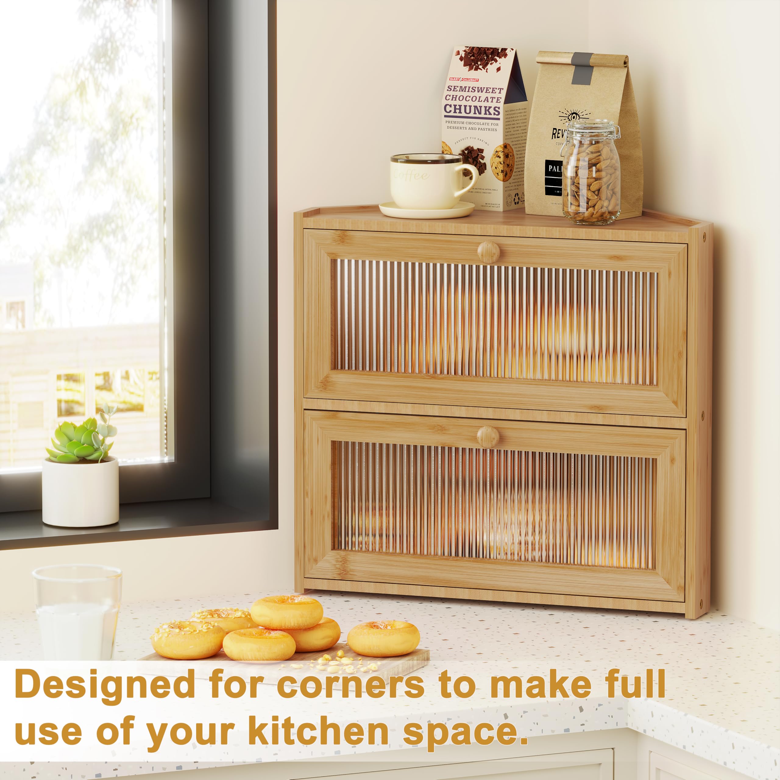 BAMBANG Panera esquinera para encimera de cocina, contenedor de almacenamiento de pan de bambú de doble capa con ventanas onduladas, panera grande de granja, soporte de madera para pan casero, natural