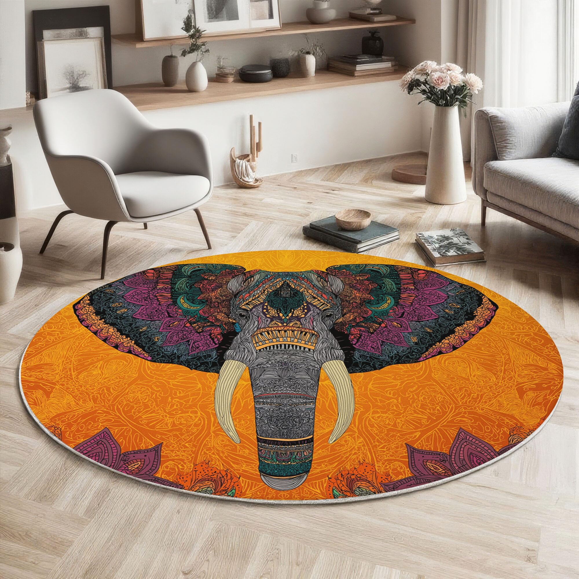 Tapis Rond à Poils Ras Tête D'Éléphant Mandala Antidérapant Lavable Tapis de Sol Motif Cachemire Moquette Décoration pour Salon Chambre Canapé Descente de lit, 120cm, Couleur Orange