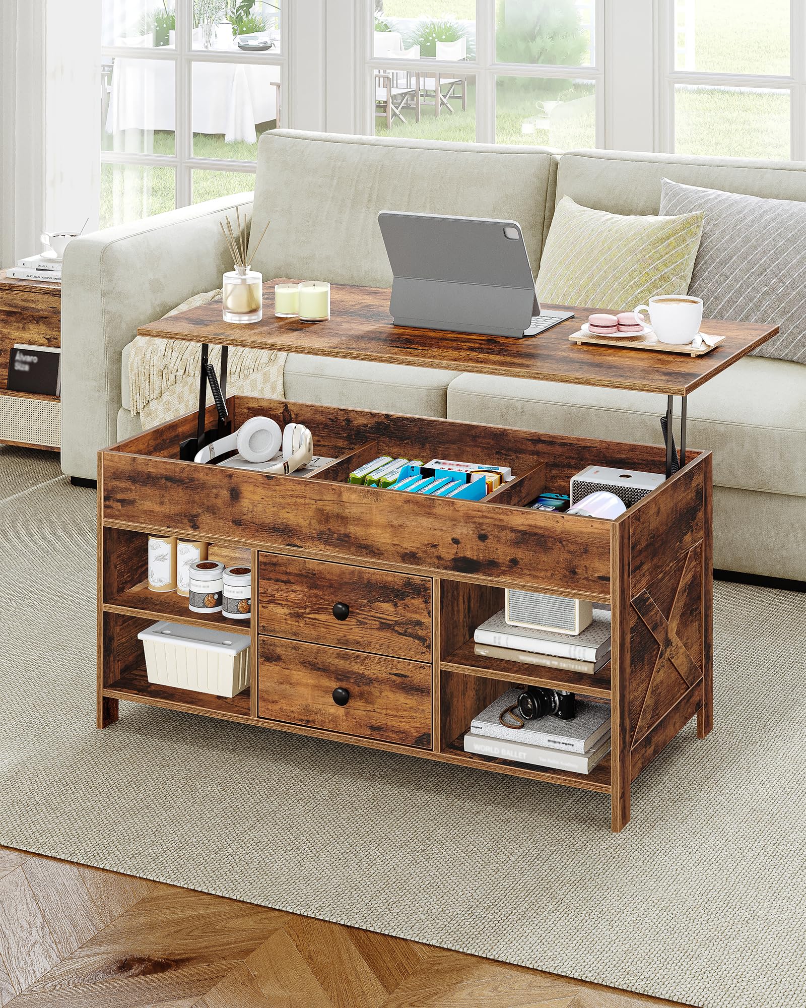 Hzuaneri Table Basse, Table de Salon avec Plateau Relevable, 2 Tiroirs et Espace de Rangement Caché, 50 x 100 x 47,3-61,3 cm, pour Salon, Salle à Manger, Bureau, Marron Rustique et Noir CT22101B | 50 x 100 x 45-61,3 cm Table basse avec 2 tiroirs de rangem