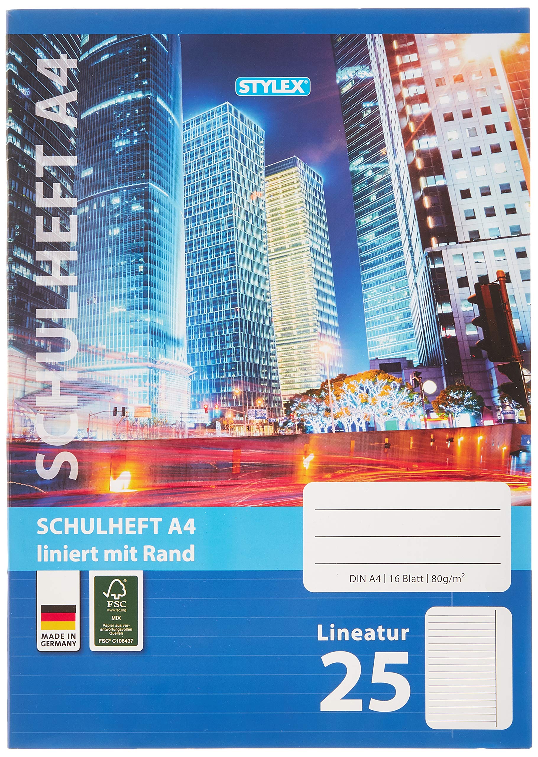 Stylex 29825-P25 – 25 x exercise book, ruling 25, 16 sheets, DIN A4, 80 g/m², lined.