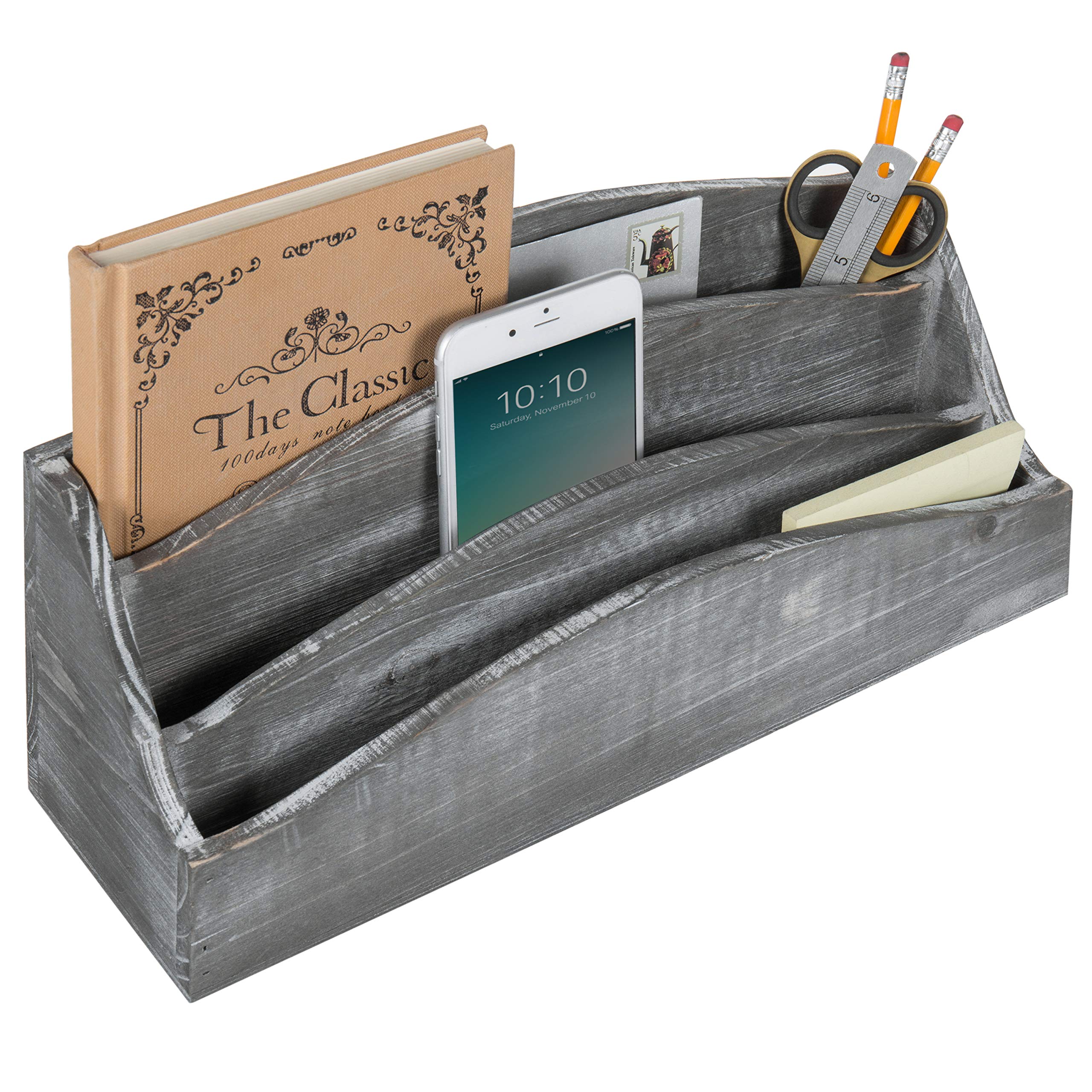MyGift Wood Desk Mail Sorter Organizer with Vintage Gray Finish and 3 Slots, Office Desktop Document, Paper, Supplies and Stationery Storage Box