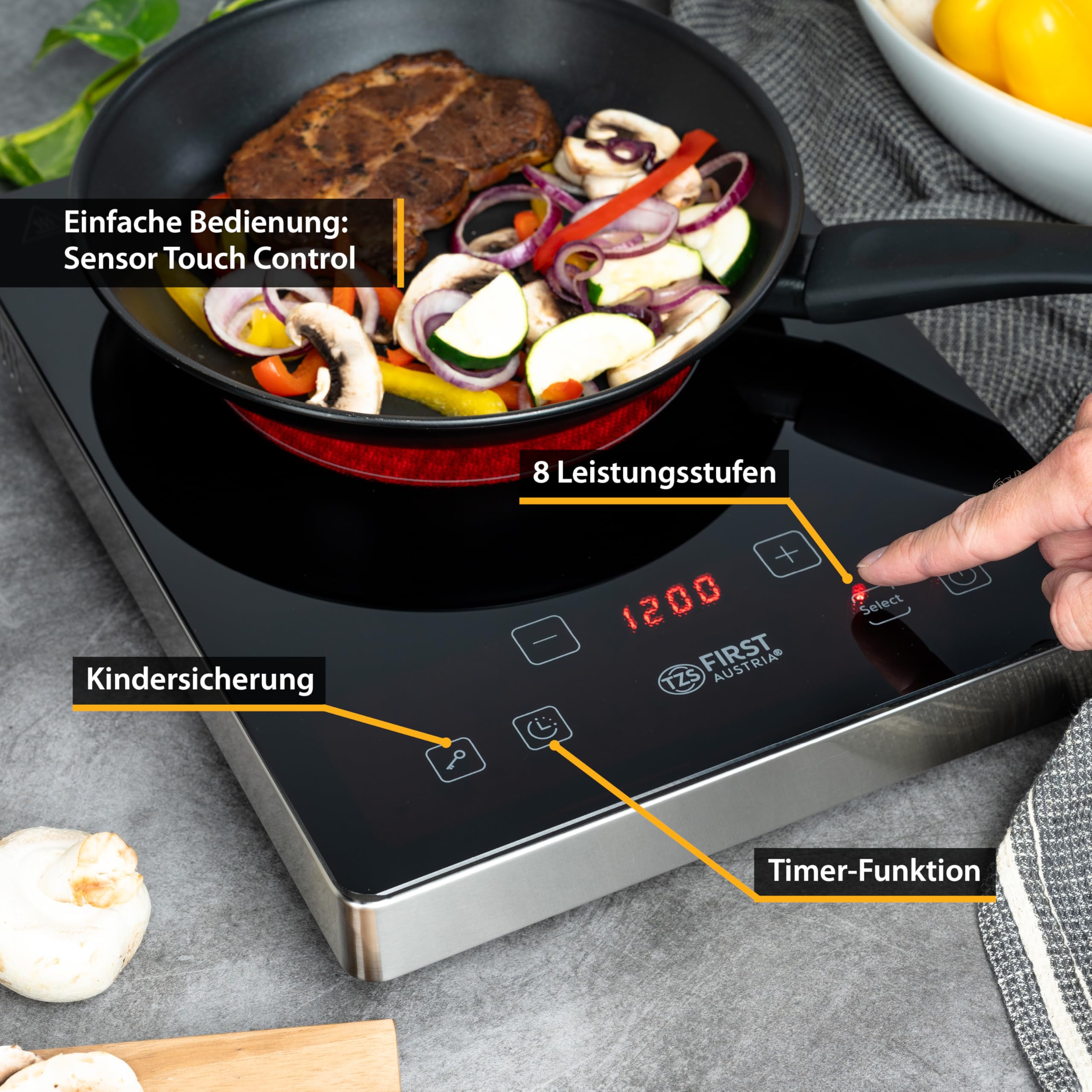 TZS First Austria Infrarot Einzelkochplatte 2000W - tragbare Glaskeramik Kochplatte mit Touch-Bedienfeld & LED Display - 175 mm - 8 Leistungsstufen - Timer, Kindersicherung, Überhitzungsschutz