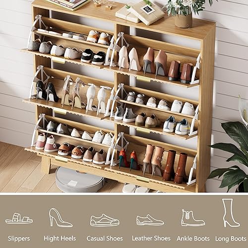 Miniatura 3 de Armario de zapatos para entrada con 6 cajones abatibles, organizador de zapatos estrecho acanalado con patas de madera, almacenamiento delgado