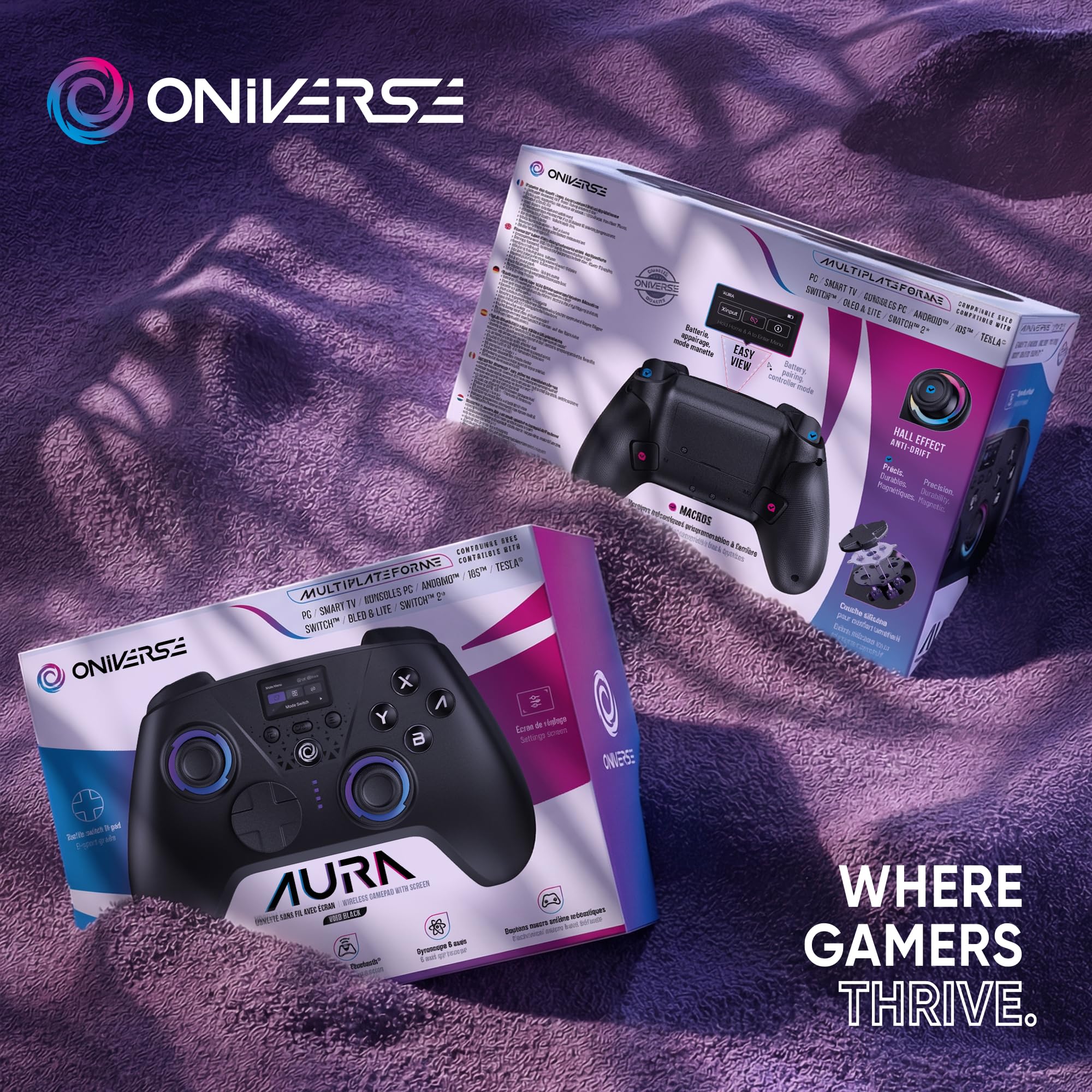 Oniverse Manette sans fil pour Switch 2/Switch/OLED/Lite/PC/Mobile, Écran intégré, Joysticks et gâchettes Hall Effect, 11h, Tactile switch D-pad, Boutons macro arrière mécaniques - Aura (Void Black)