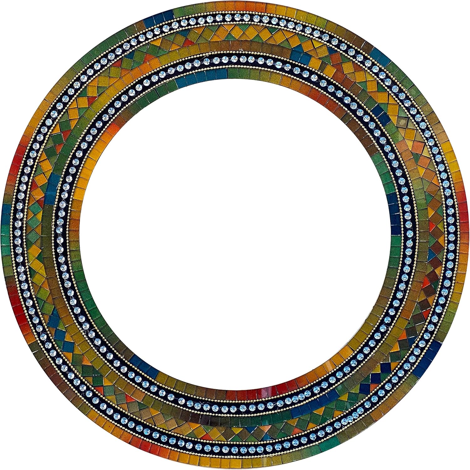 Zorigs Handcrafted 24" Round Mosaic Wall Mirror - Autumn Green, Deep Blue & Brown Tiles for Bedroom, Hallway, Living Room Decor