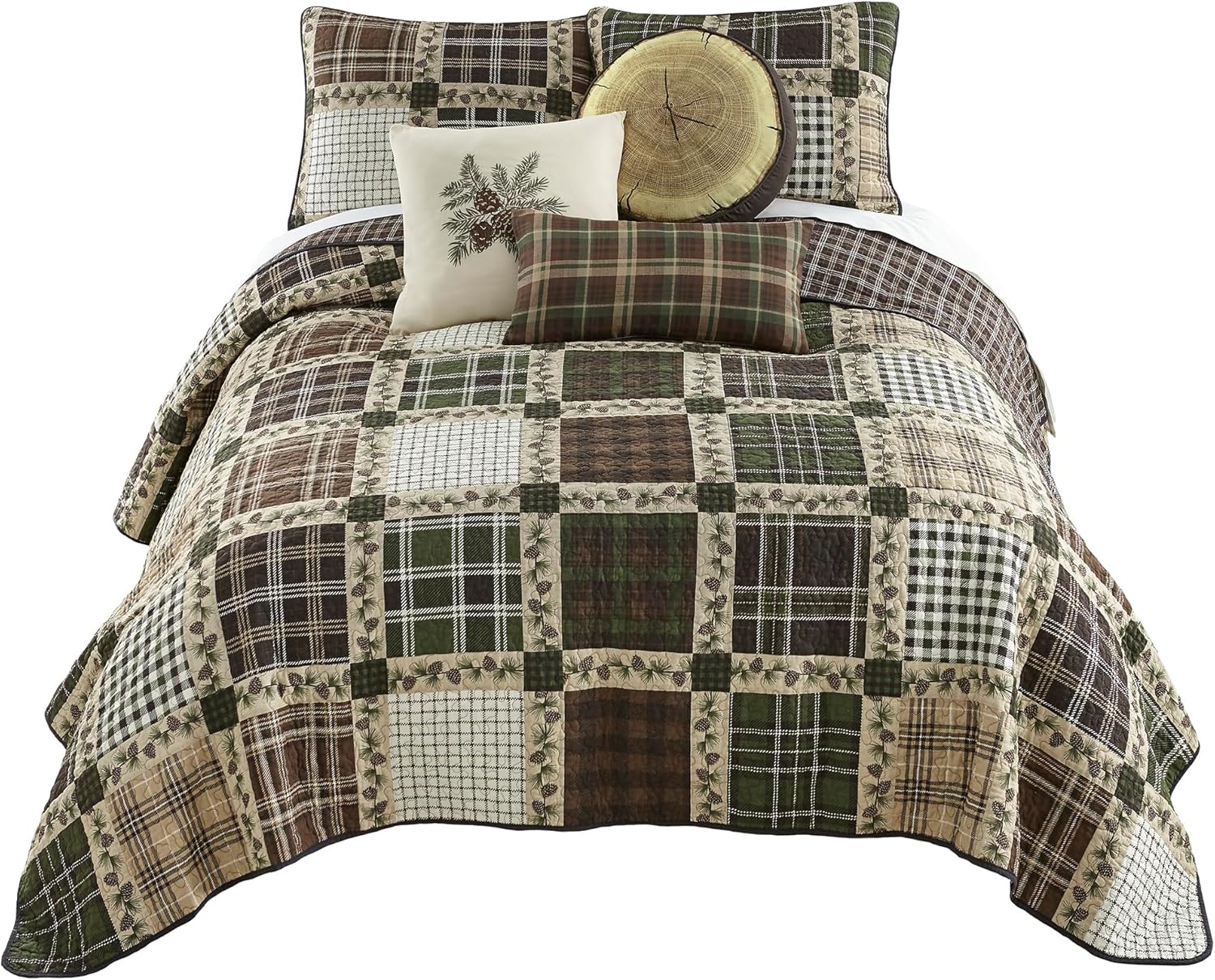 Donna Sharp Queen Bedding Set - 3 Piece - Pine Patch Cotton Patchwork Quilt and Two Standard Size Pillow Shams - Machine Washable - Perfect for Rustic Decor!