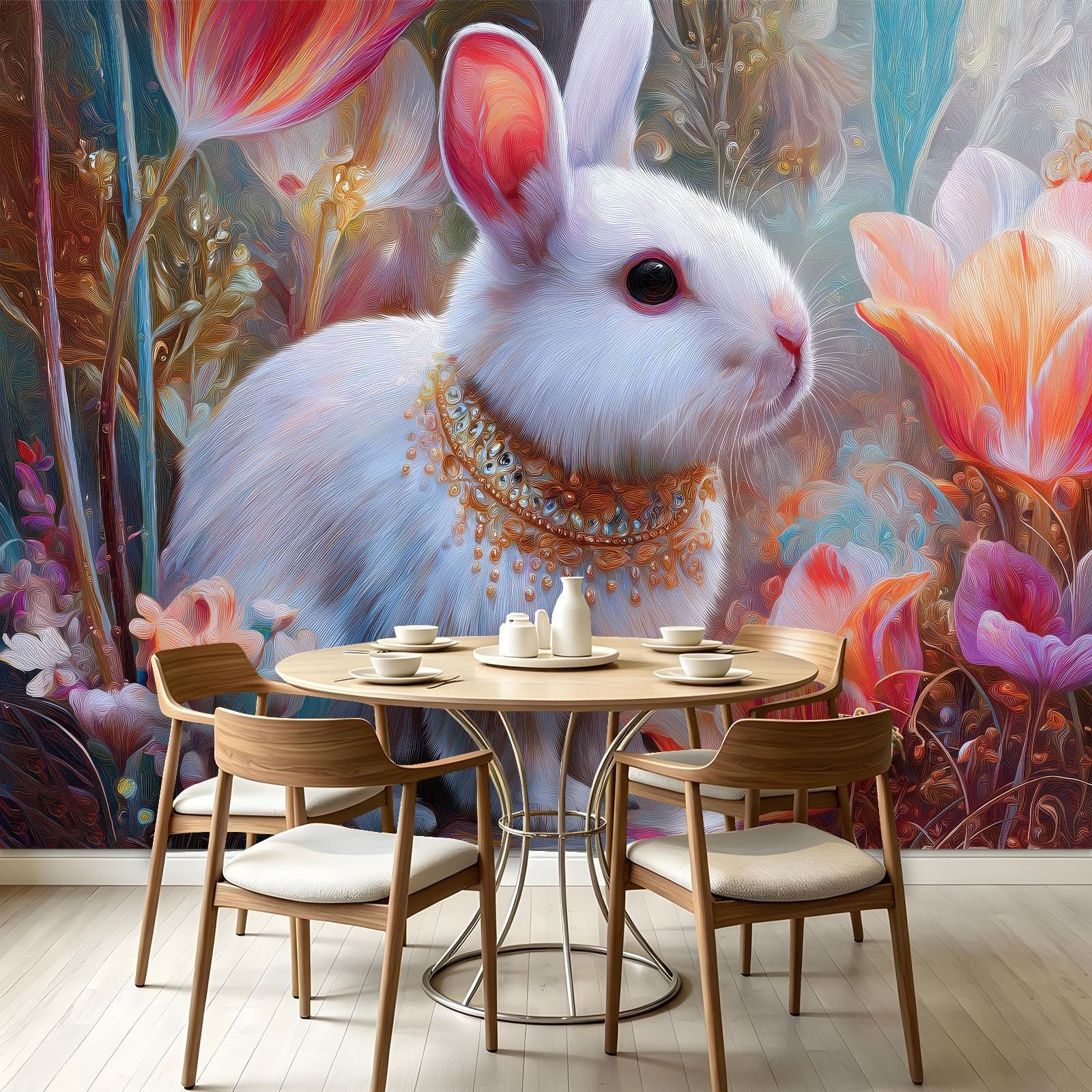 Générique Tapeta 3D z kwiatami tulipana królika 200 x 140 cm | Panoramiczna tapeta z kreskówkowymi zwierzętami | Dekoracja ścienna do salonu, sypialni, kuchni i łazienki | Plakat