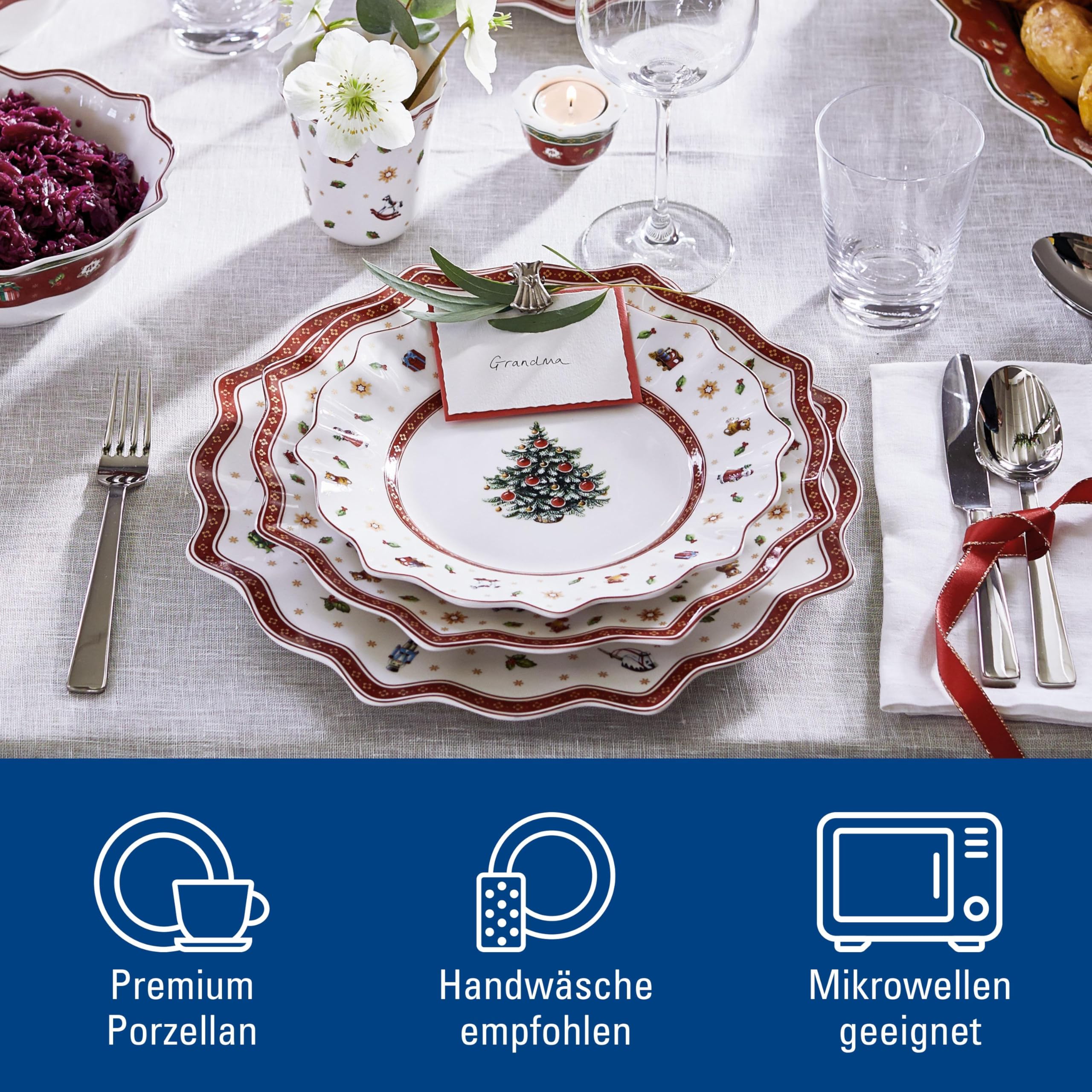 Villeroy & Boch - Toy's Delight Platzteller 34,5 cm Rot und Weiß, Mikrowellensicher, Weihnachtsgeschirr, Esseller, Servierteller, Pizzateller, Servierplatte Xmas, Weihnachten, Premium Porzellan