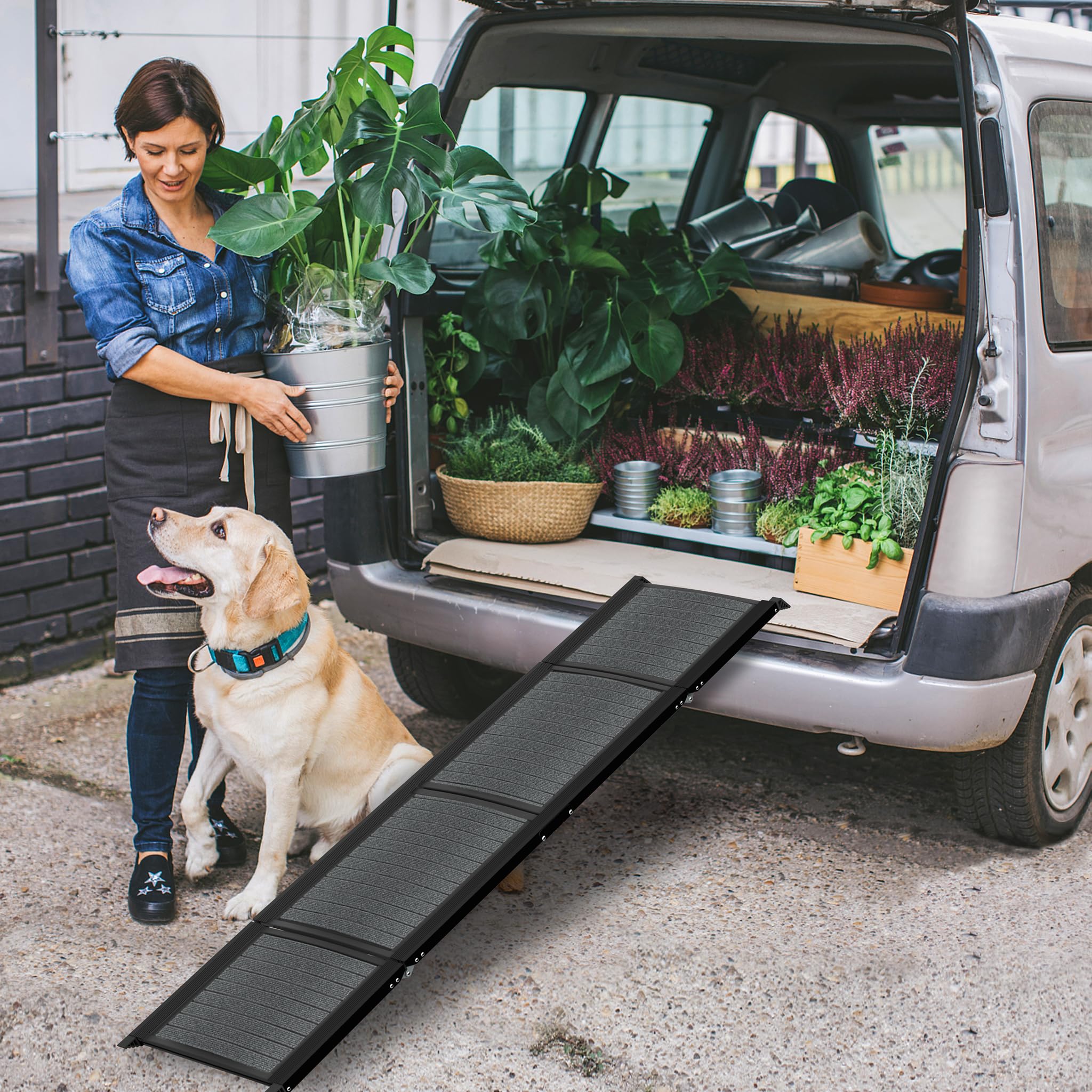 XMTECH Składana rampa dla psów, 157 cm, rampa samochodowa dla psów, do bagażnika, do samochodów, ciężarówek i SUV, do 110 kg, lekka, stabilna, antypoślizgowa, czarna