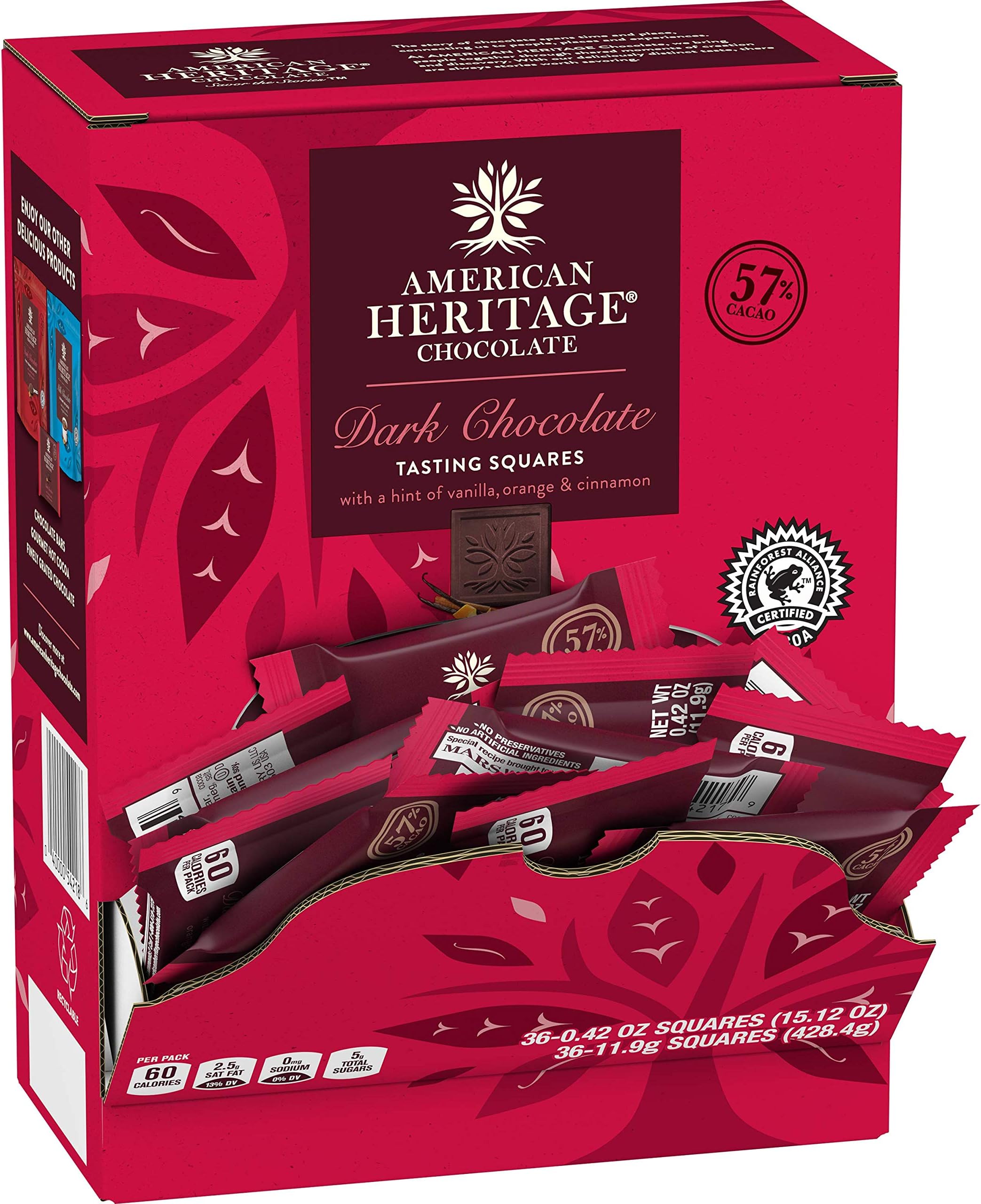American Heritage Chocolate - 36 Artisanal Tasting Squares - 57% Cacao Dark Chocolate with a Hint of Vanilla, Orange, and Cinnamon