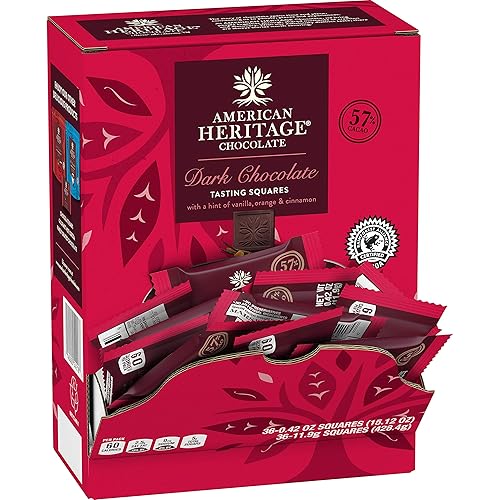 American Heritage Chocolate, Cuadrados de degustación artesanal, 57% de cacao, chocolate negro con toques de vainilla, naranja y canela en un solo