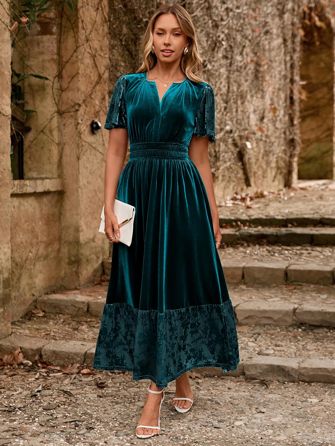 Simplee Women's Formal Velvet Maxi Dress Fall Winter V Neck Floral Short Sleeve Empire Waist Wedding Guest Dresses - Image 2