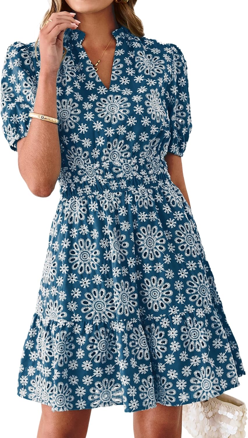 BerryGo Womens Summer Eyelet Mini Dress Beach Casual Embroidery Lace Puff Short Sleeve V Neck Boho Party Short Dresses