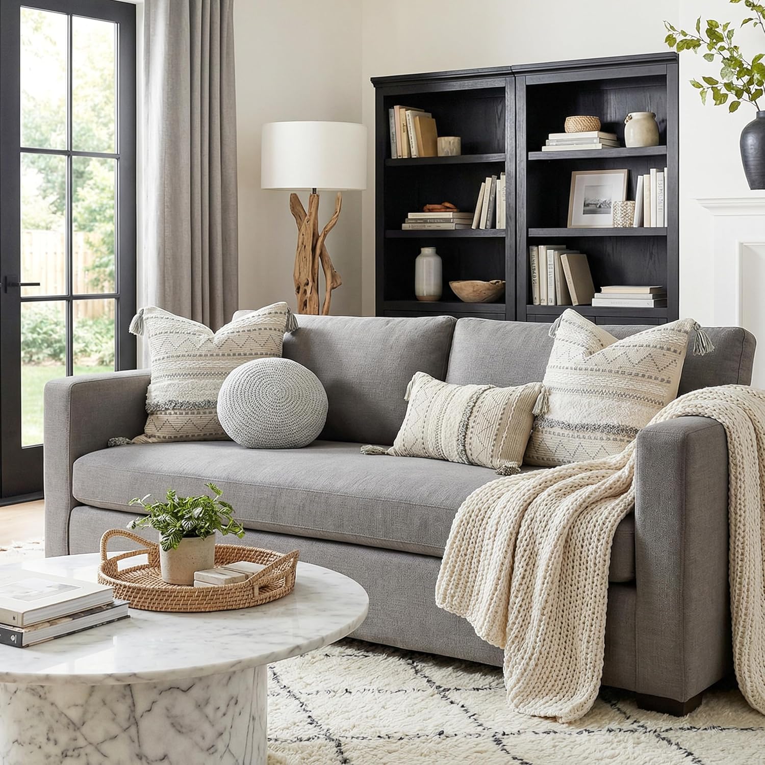 BlissBlush 20X20 Throw Pillow Cover, Cream Neutral Square Decorative Cushion Cover with Gray Pattern, Boho Accent Pillowcase with Tufted Details and Tassels for Couch Sofa Living Room (Cover Only) - Image 3