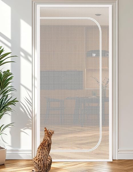 Cat Screen Door, Extra Tall Cat-Proof Mesh Gate, Fit Door Size 32'' x 80'', Anti-Cat Scratch Mesh with Zipper Closure, for Living Room, Kitchen, Bedroom (White)