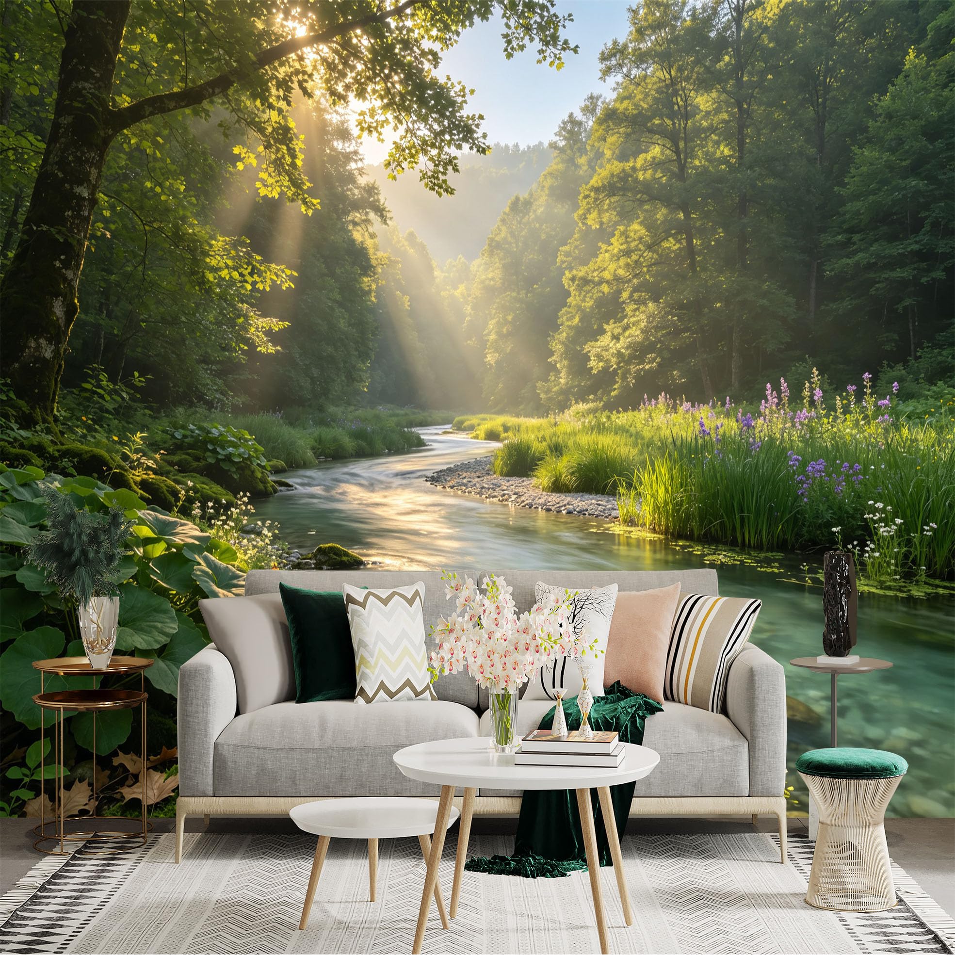 Lnzczhyre Bh260719600 Custom Size Wall Sticker Mural， Sunbeams Through Forest Canopy， Tranquil River Stream， Wildflower Riverside， Serene Nature Scenery， For Wall Decoration， Peelandstick Wall Decals.