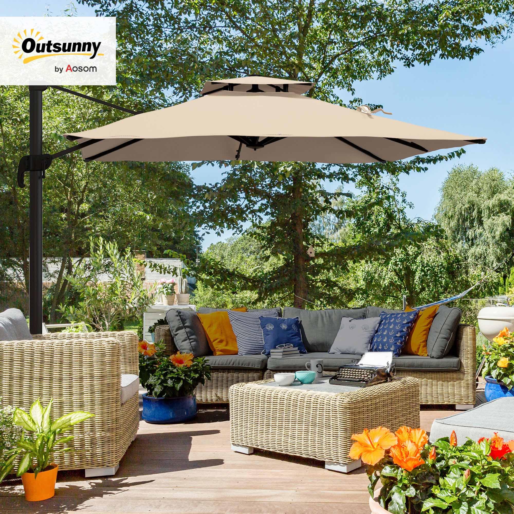 Outsunny Sombrilla de Terraza Exterior 300x300 cm de Aluminio Caqui | Con Manivela, Poste Giratorio 360°, Doble Techo, Inclinable en 6 Posiciones, Base Cruzada Incluida