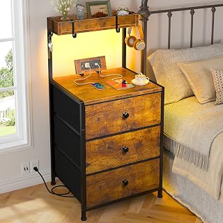 EnHomee Night Stand with LED and 3 Drawers for Bedroom, Rustic Brown | Renters & Small-Space Dwellers, Charging Station & 4 Hooks, Steel Frame & Fabric Drawers