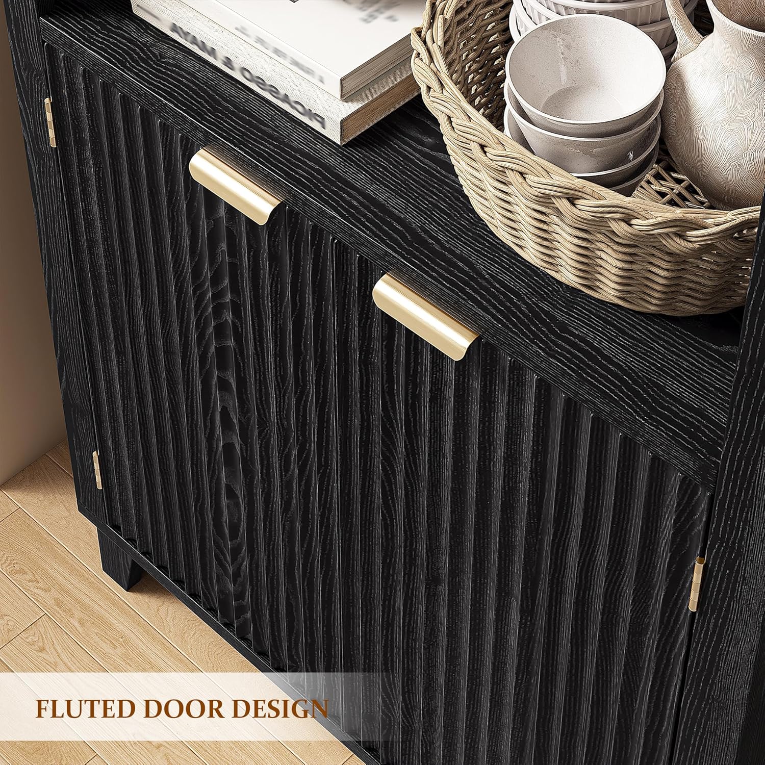 DurayLoly 79.9" Tall Arched Pantry Cabinet, 6-Tier Kitchen Pantry Cabinet with Fluted Doors, Arch Storage Cabinet with Open & Adjustable Shelves, Versatile Cupboard for Dining Room, Living Room,Black