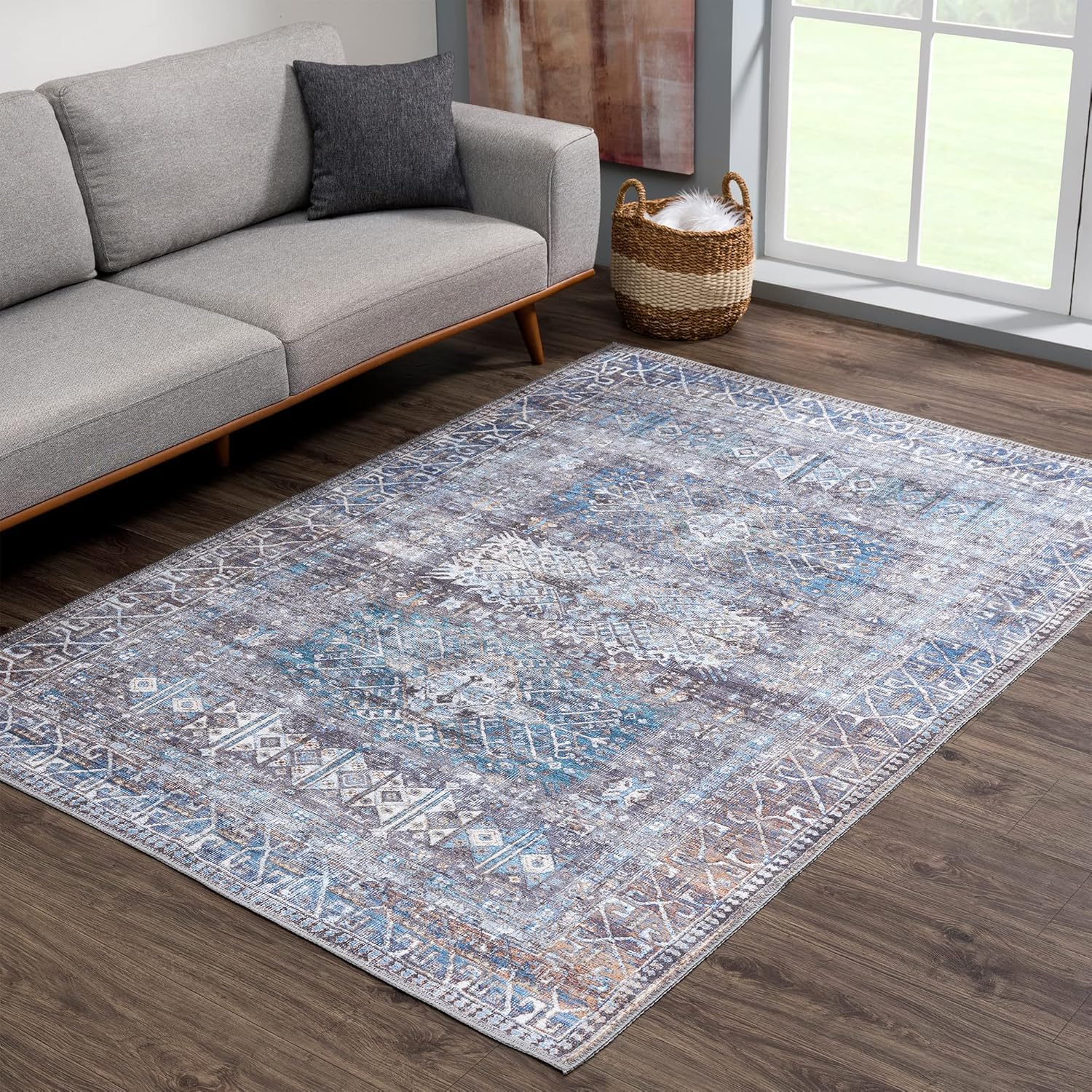 Tapis traditionnel géométrique rétro bleu et gris 120 x 185 cm pour déco de chambre et salon