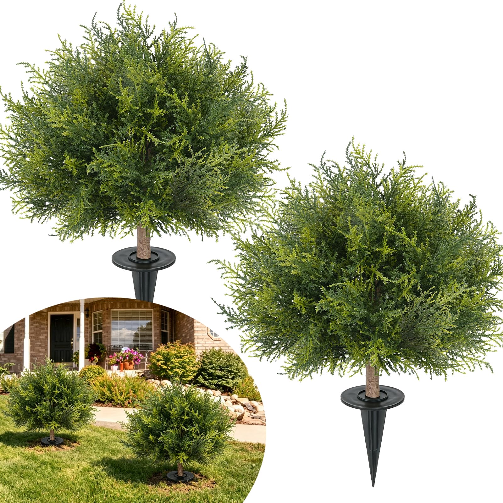 2 Pièces Cyprès Artificiel Extérieur 60 cm Boule de Buis Artificiel | Topiaire Artificielle avec Piquet Ø40 cm Fausses Plantes Artificielles Anti UV Arbustes Artificiels Déco Jardin Porche Balcon